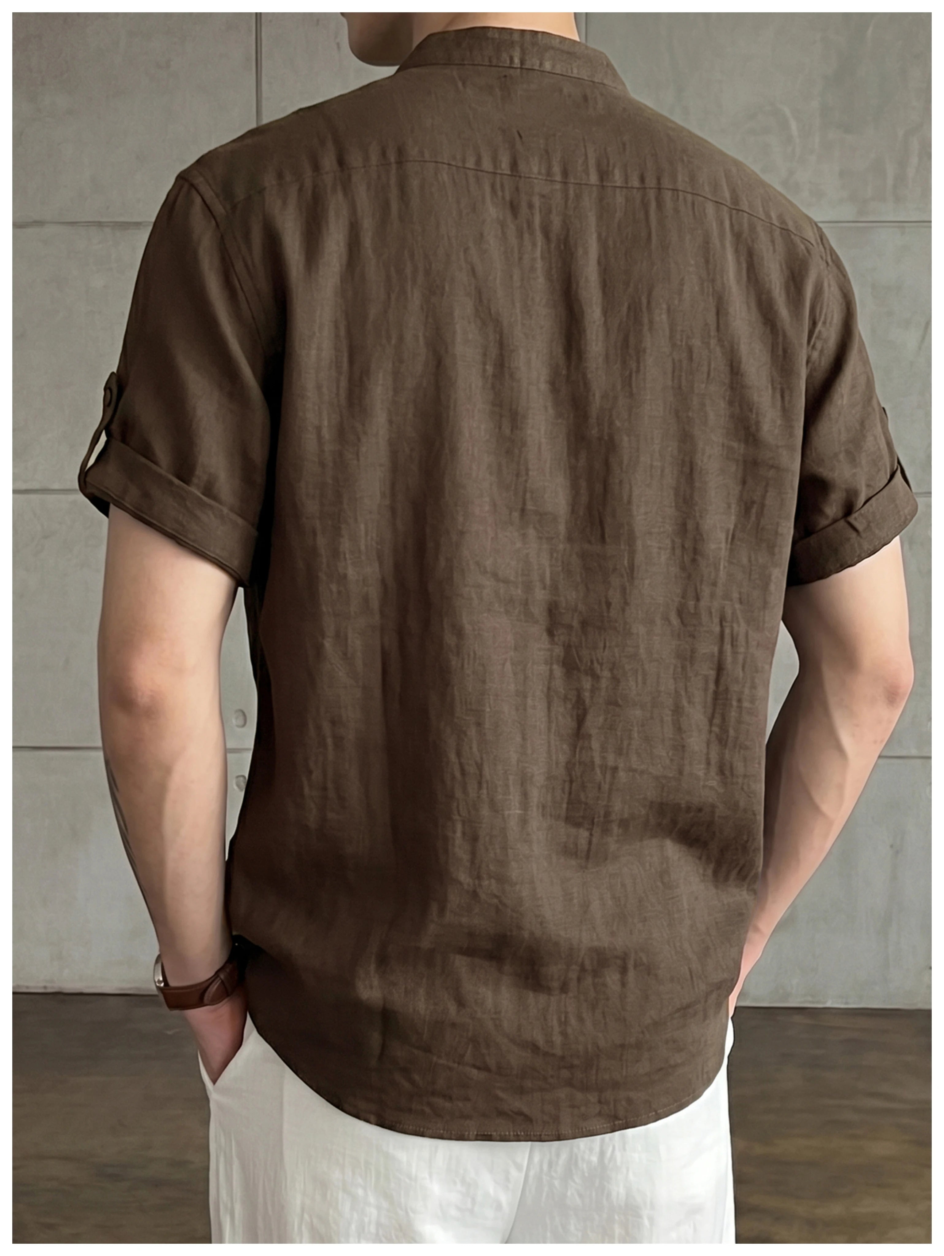 Old money wind adjustable five-quarter sleeve stand-up collar shirt FE0732
