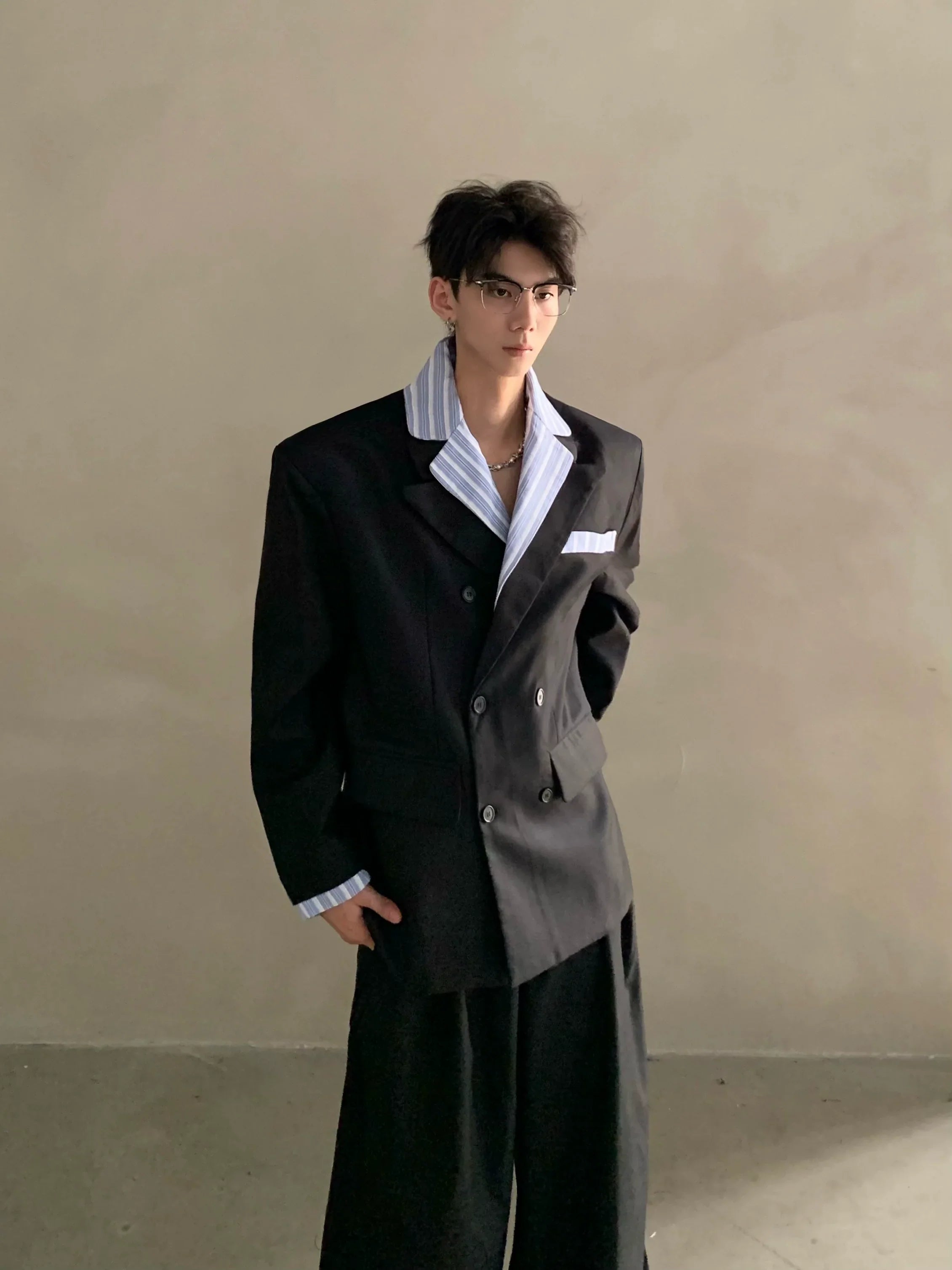 Niche high-end Miu striped shirt collar shoulder padded suit men's ruffian handsome suit jacket FE0585