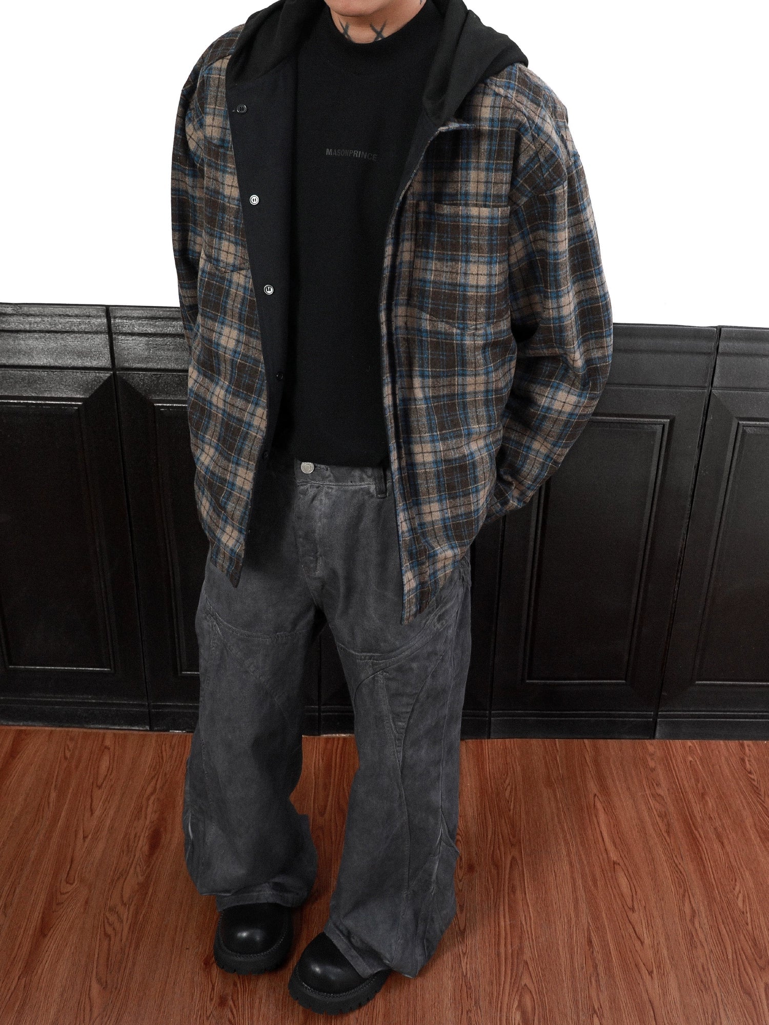 American retro double-sided plaid hooded jacket jacket men's niche spring loose couple sweater FE0647