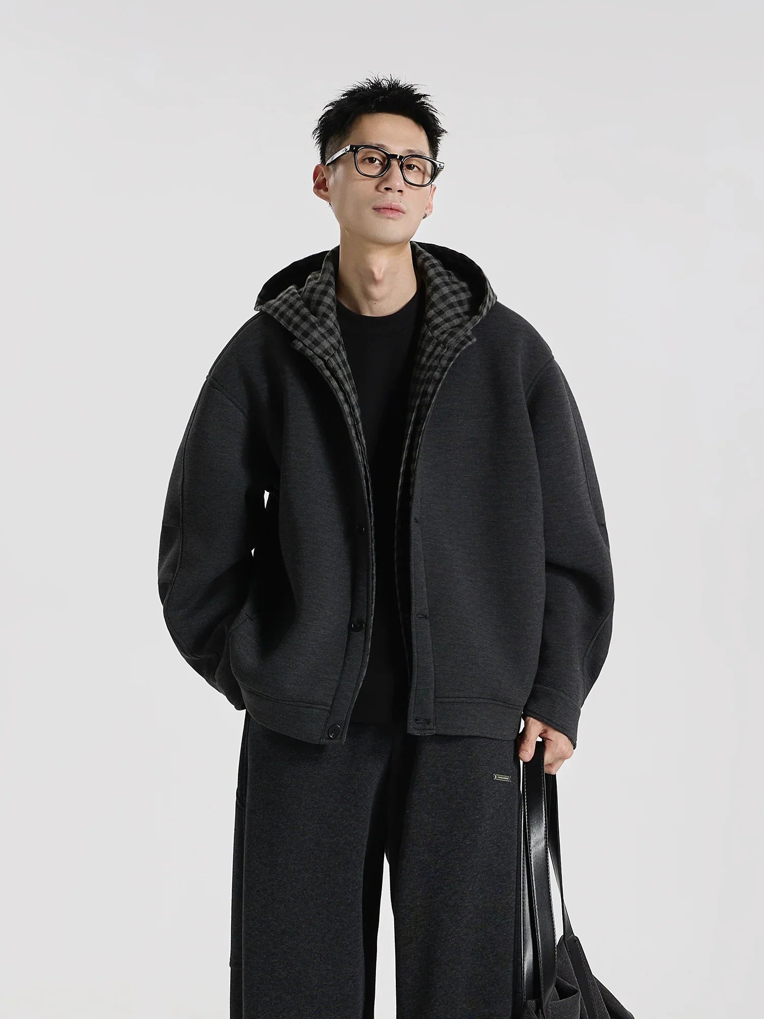 Time Overlapping" Jelly Air Layer Plaid Splicing Fake Two-piece Cardigan Hooded Sweater Jacket   FE0219