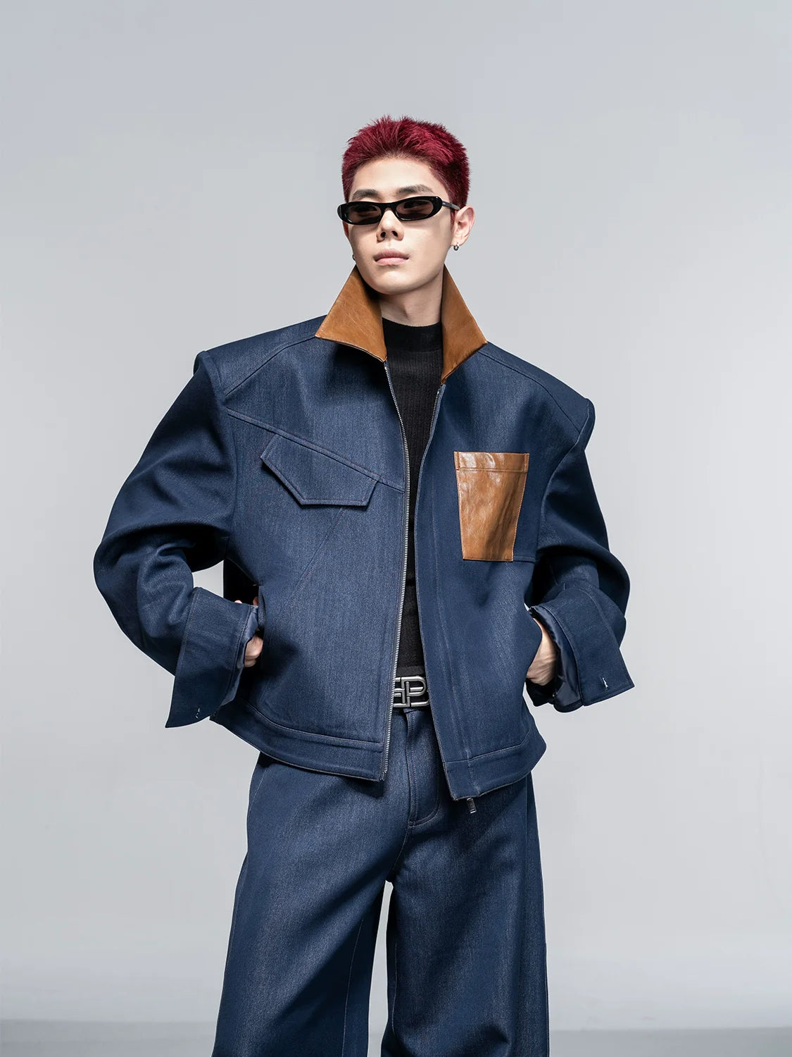 Leather shoulder padded short jacket   FE0128