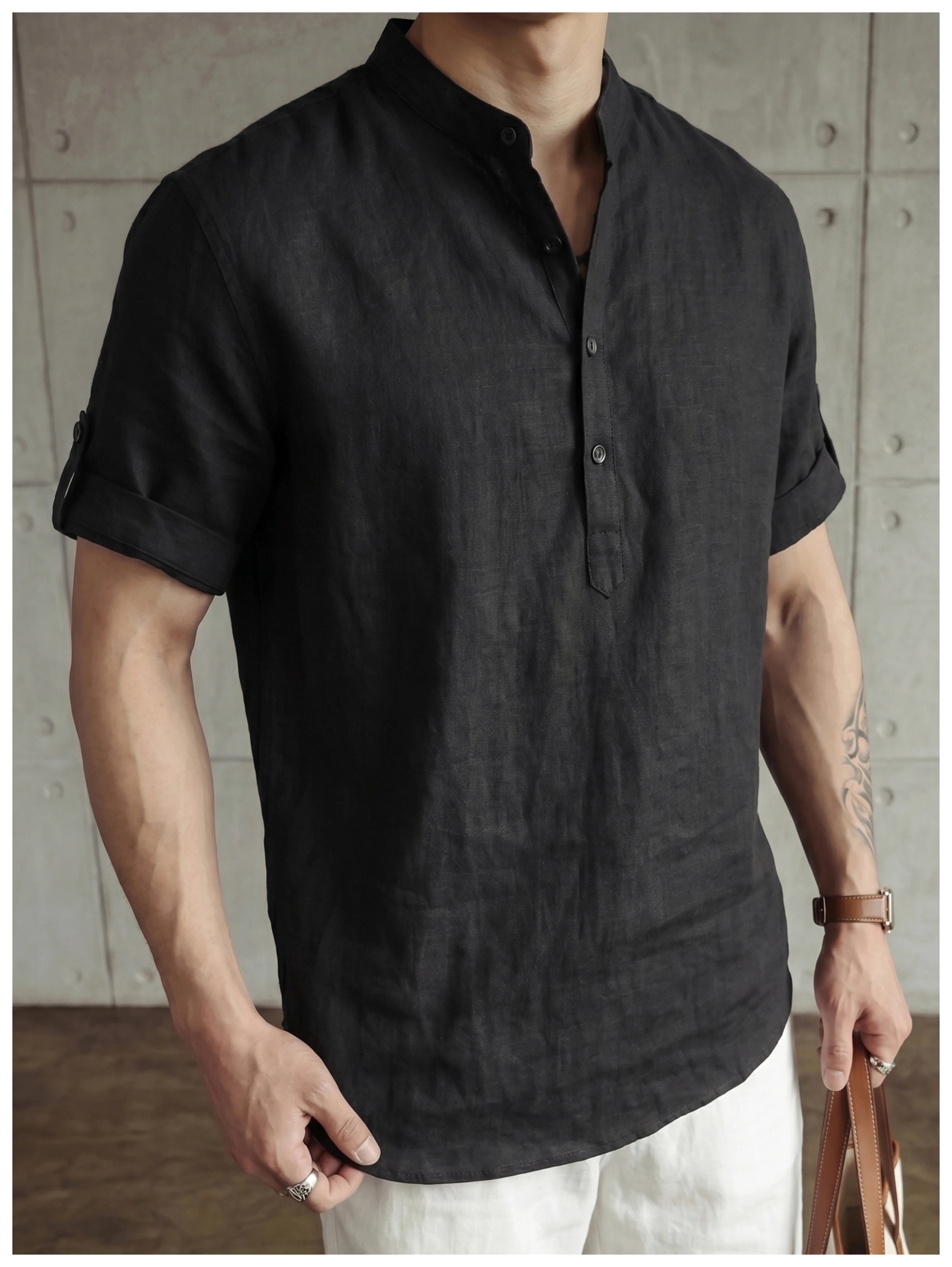 Old money wind adjustable five-quarter sleeve stand-up collar shirt FE0732