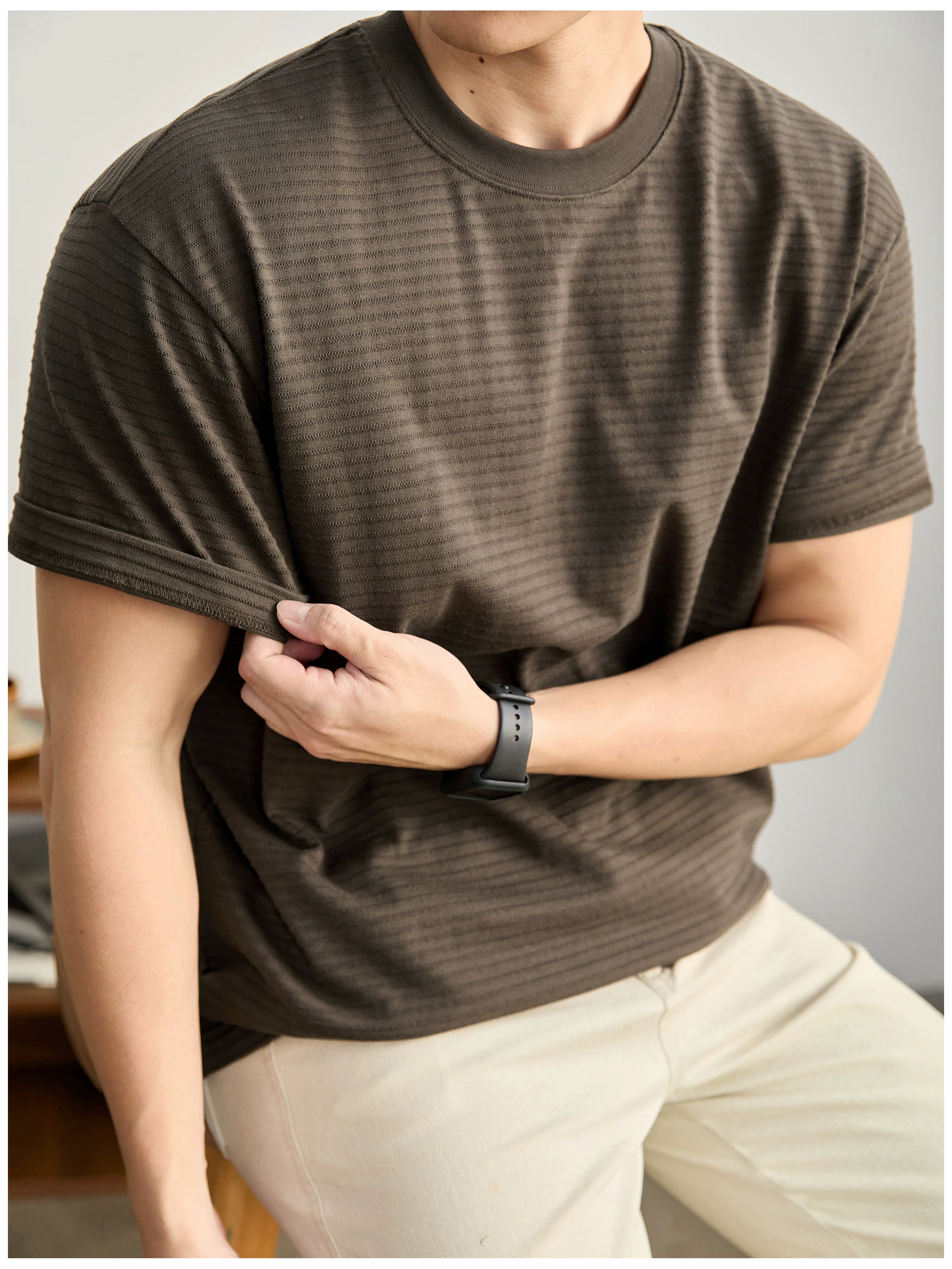 Three-dimensional horizontal jacquard texture solid color T-shirt FE0730