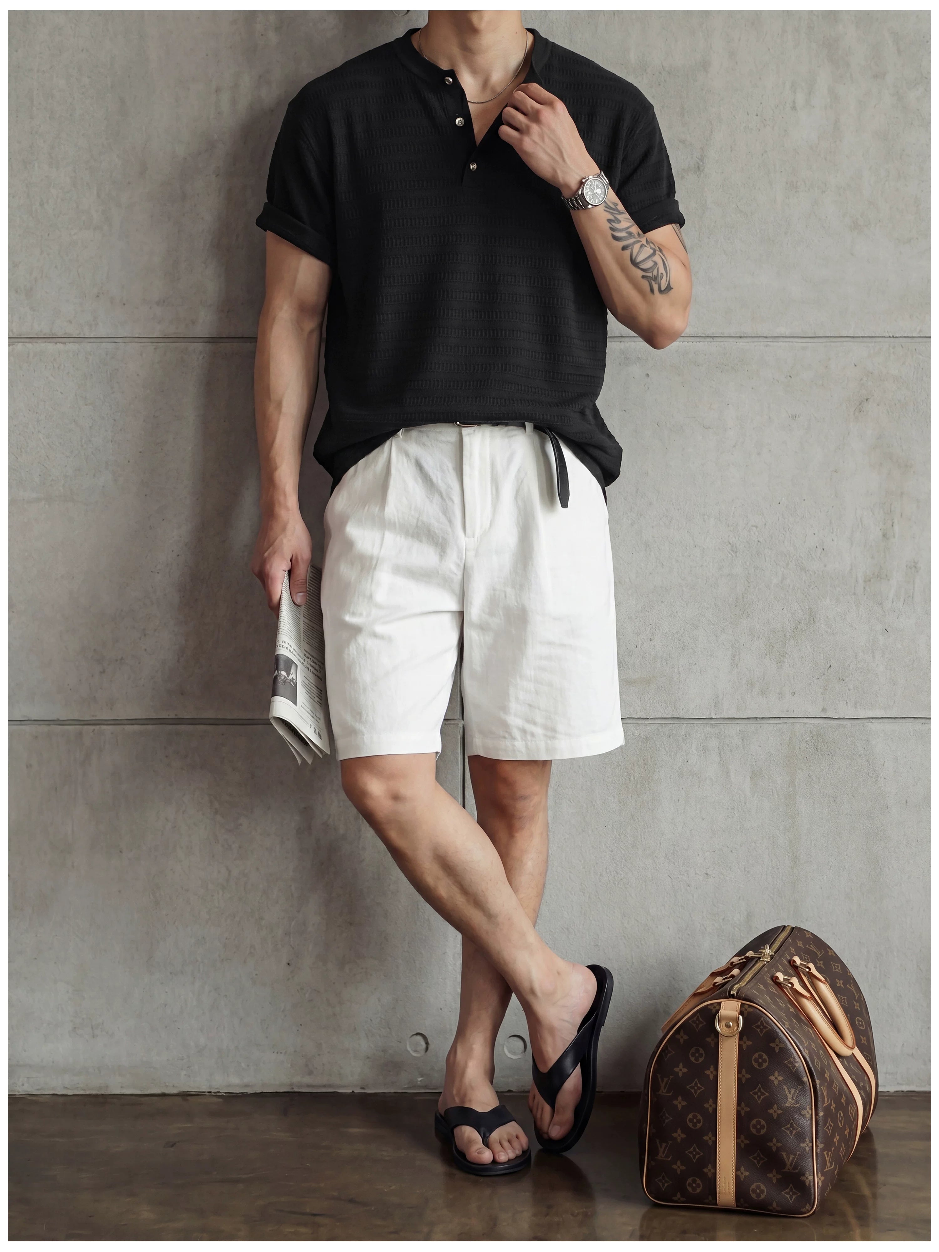 Jacquard horizontal pattern hollow texture knitted short-sleeved T-shirt FE0737