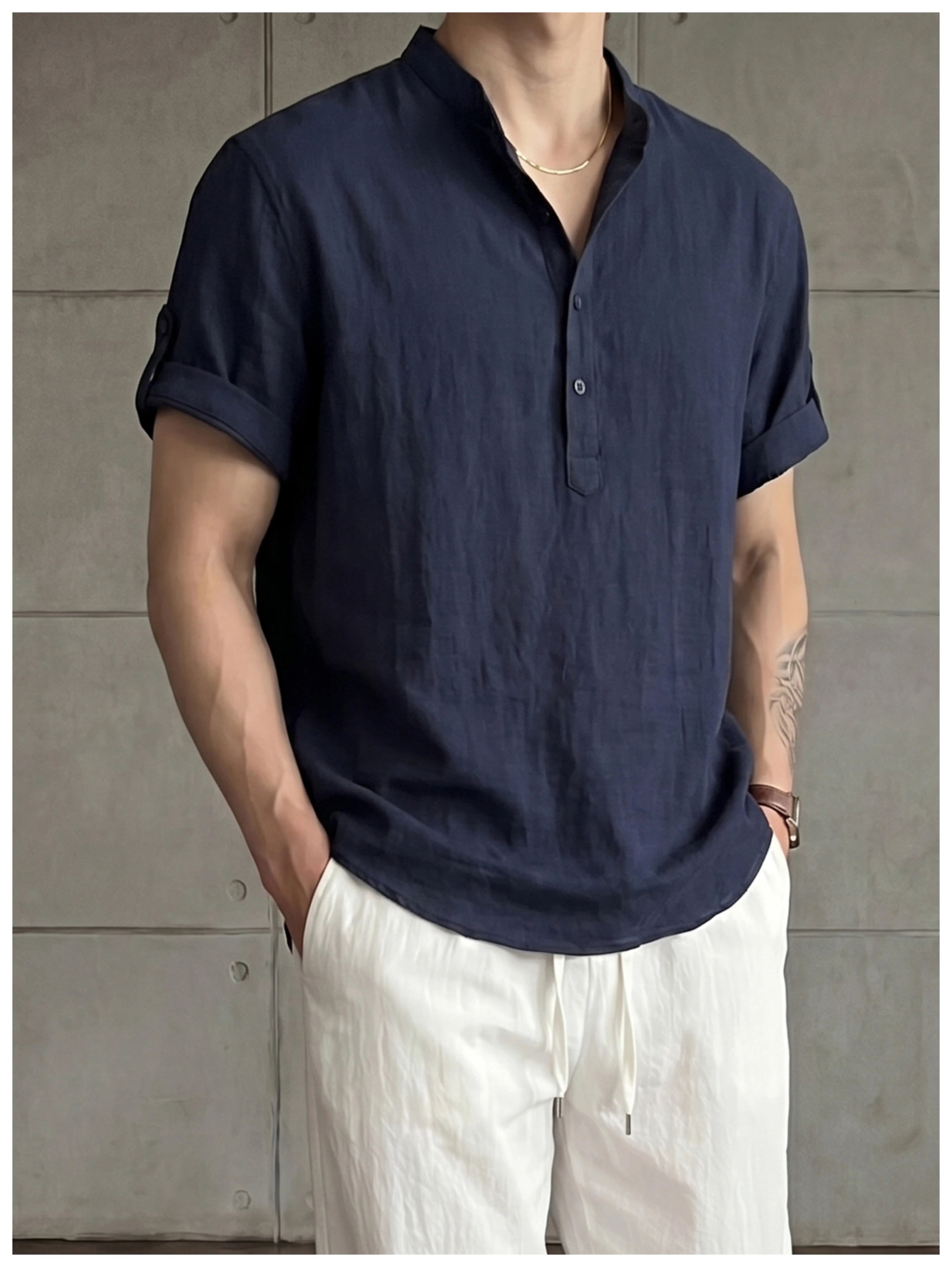Old money wind adjustable five-quarter sleeve stand-up collar shirt FE0732