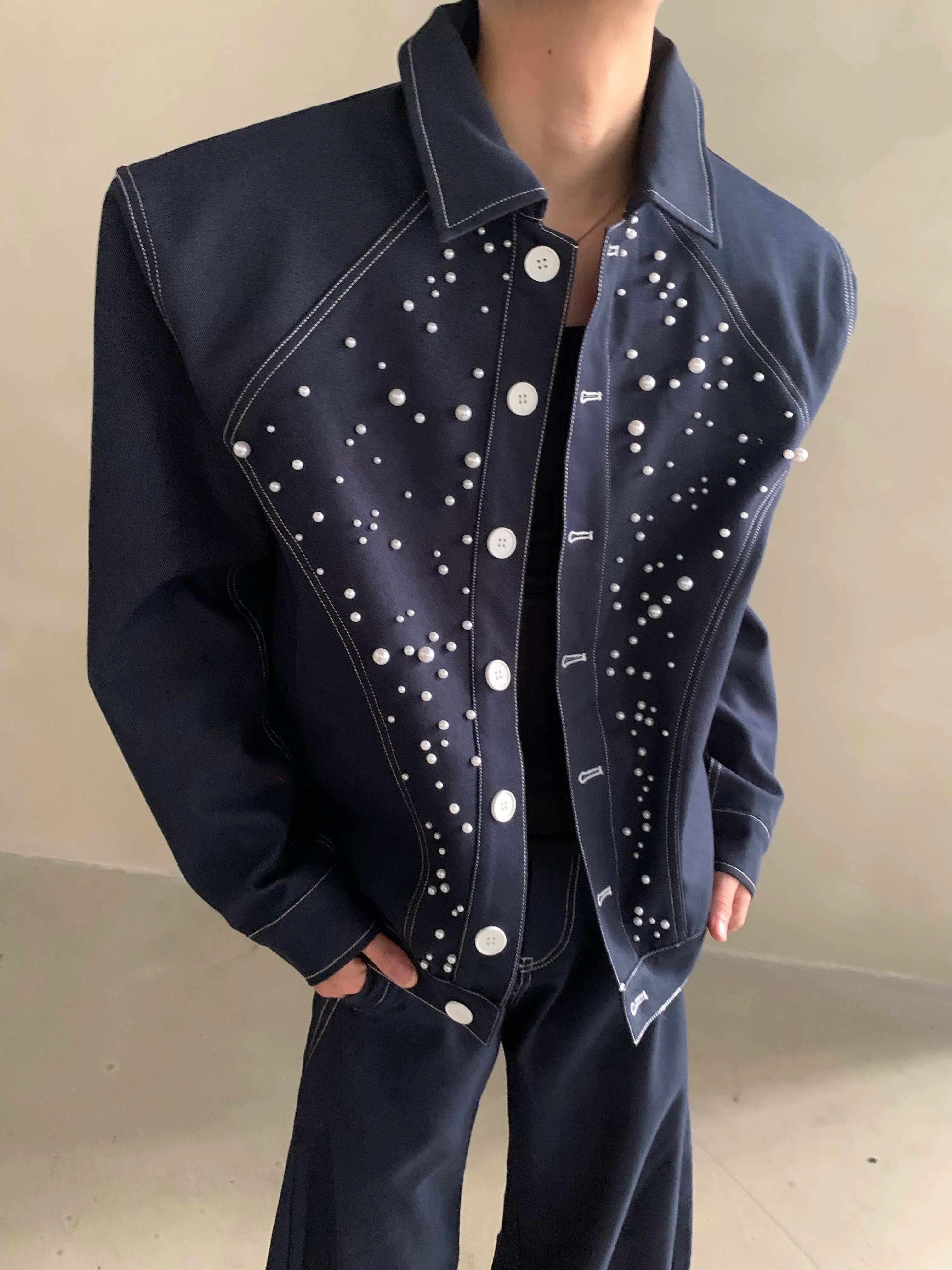 Niche high-end sense light luxury bright diamond pearl design denim jacket men's ruffian handsome fashion suit tide FE0586