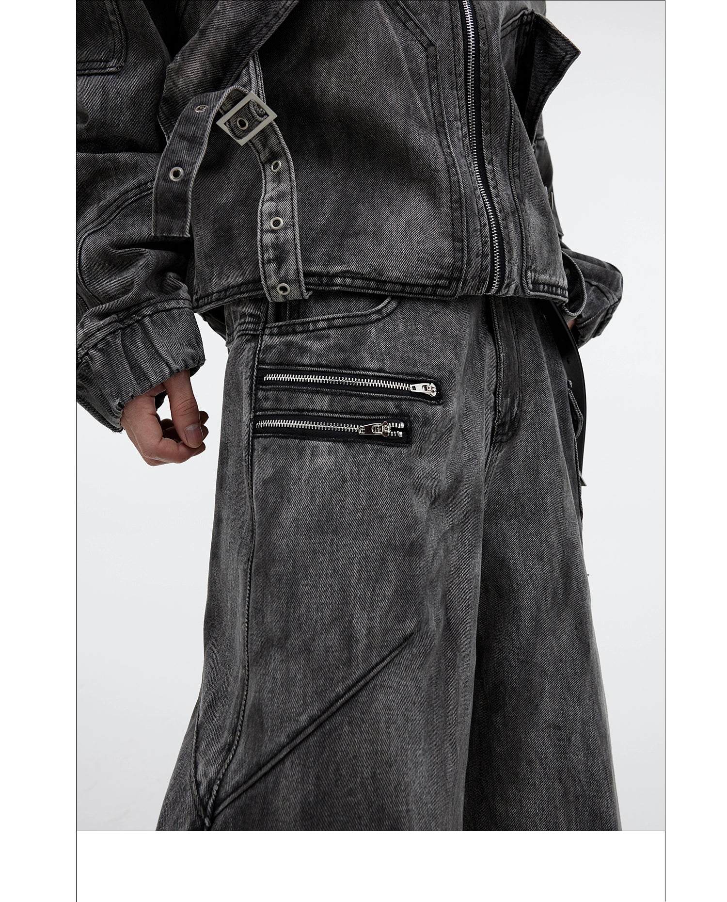 Niche retro old denim suit jacket jacket wasteland heavy zipper big pocket overalls FE0596