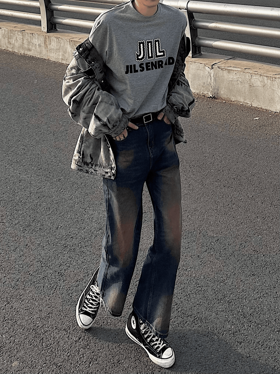 Washed contrast color wide leg jeans FE0437