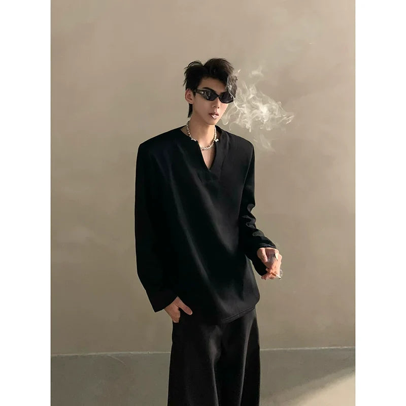 Autumn high-end V-neck metal decorative shoulder pads long-sleeved T-shirt men's ruffian handsome loose top FE0534