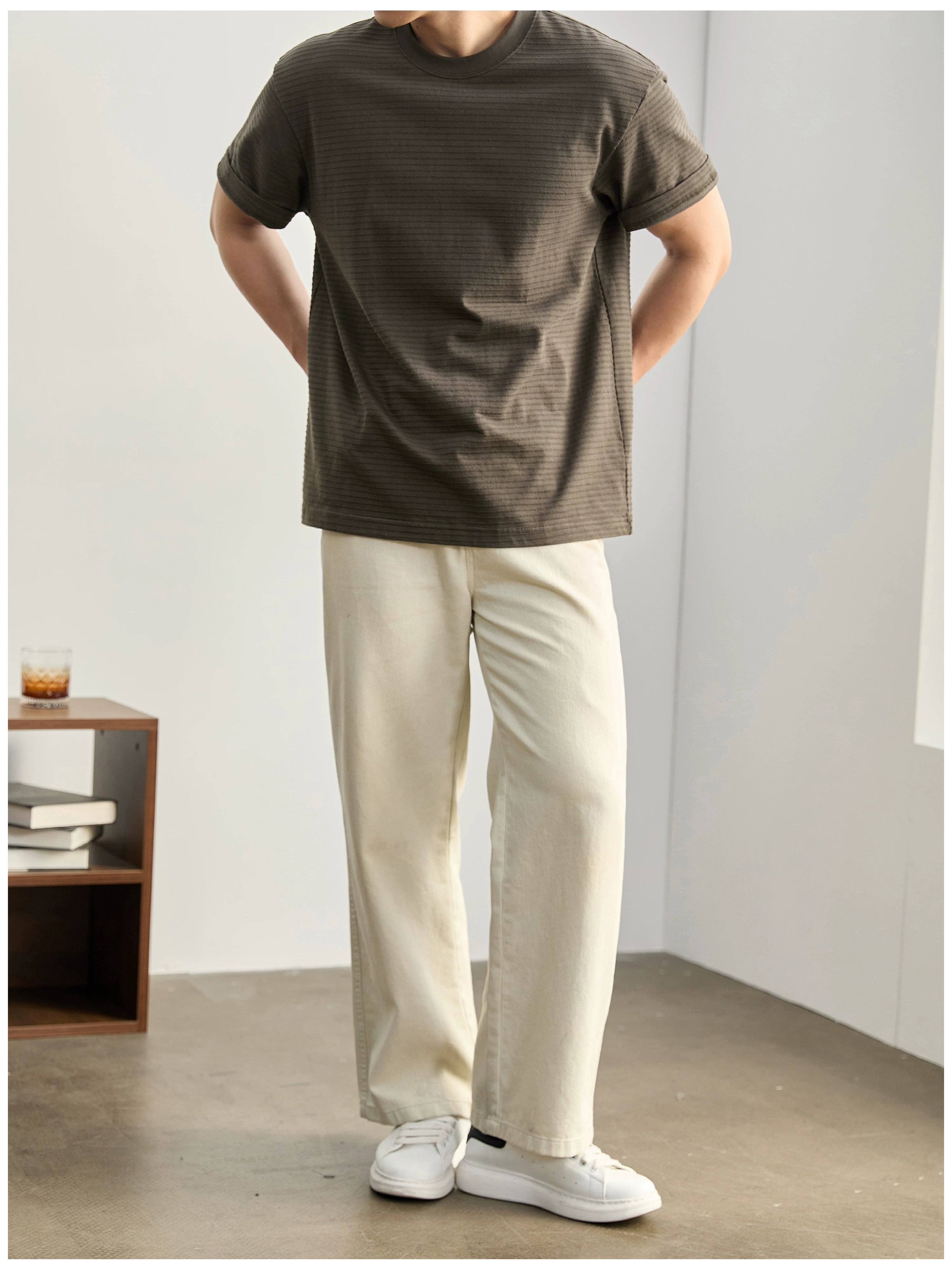 Three-dimensional horizontal jacquard texture solid color T-shirt FE0730