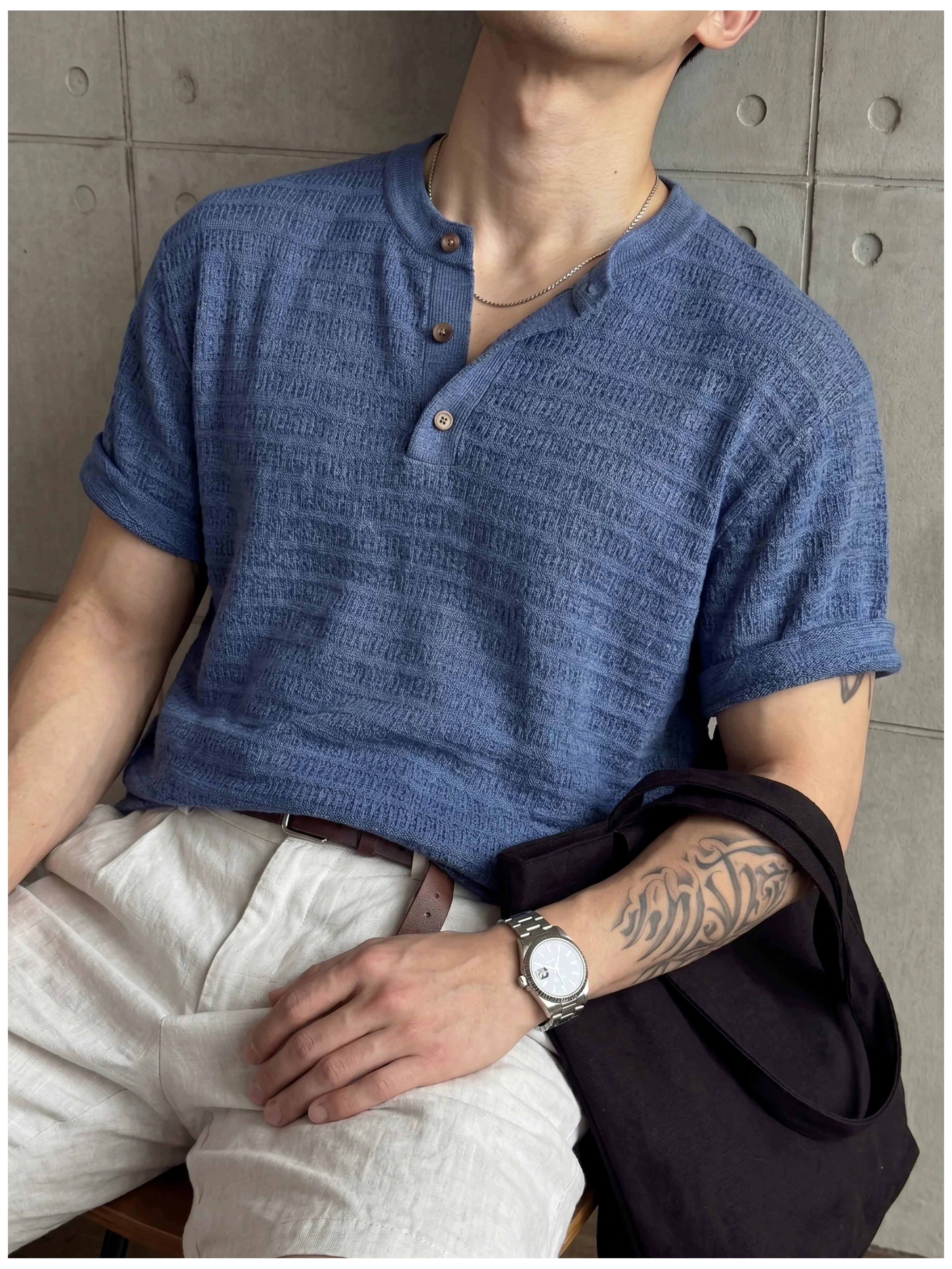 Jacquard horizontal pattern hollow texture knitted short-sleeved T-shirt FE0737