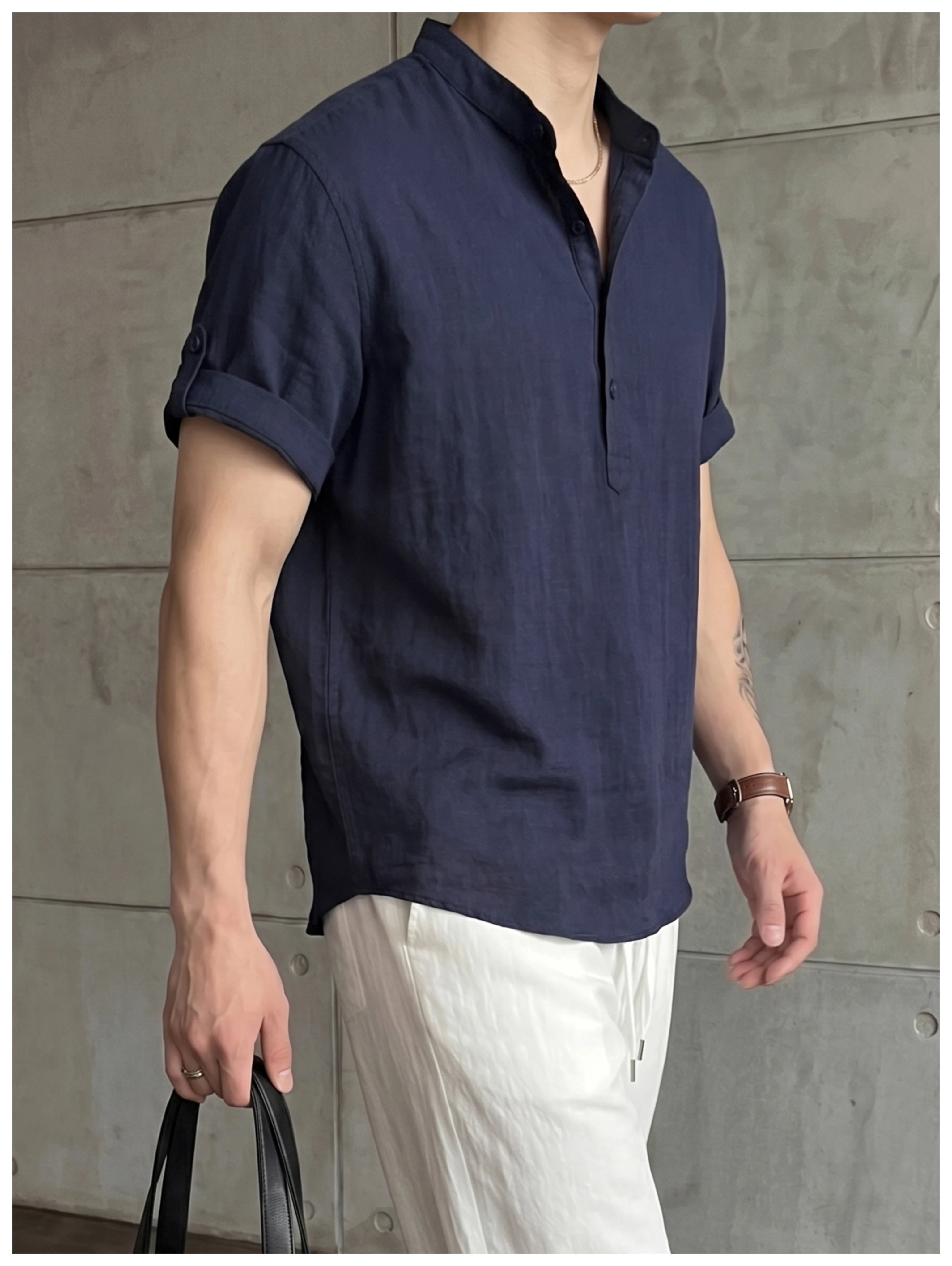 Old money wind adjustable five-quarter sleeve stand-up collar shirt FE0732