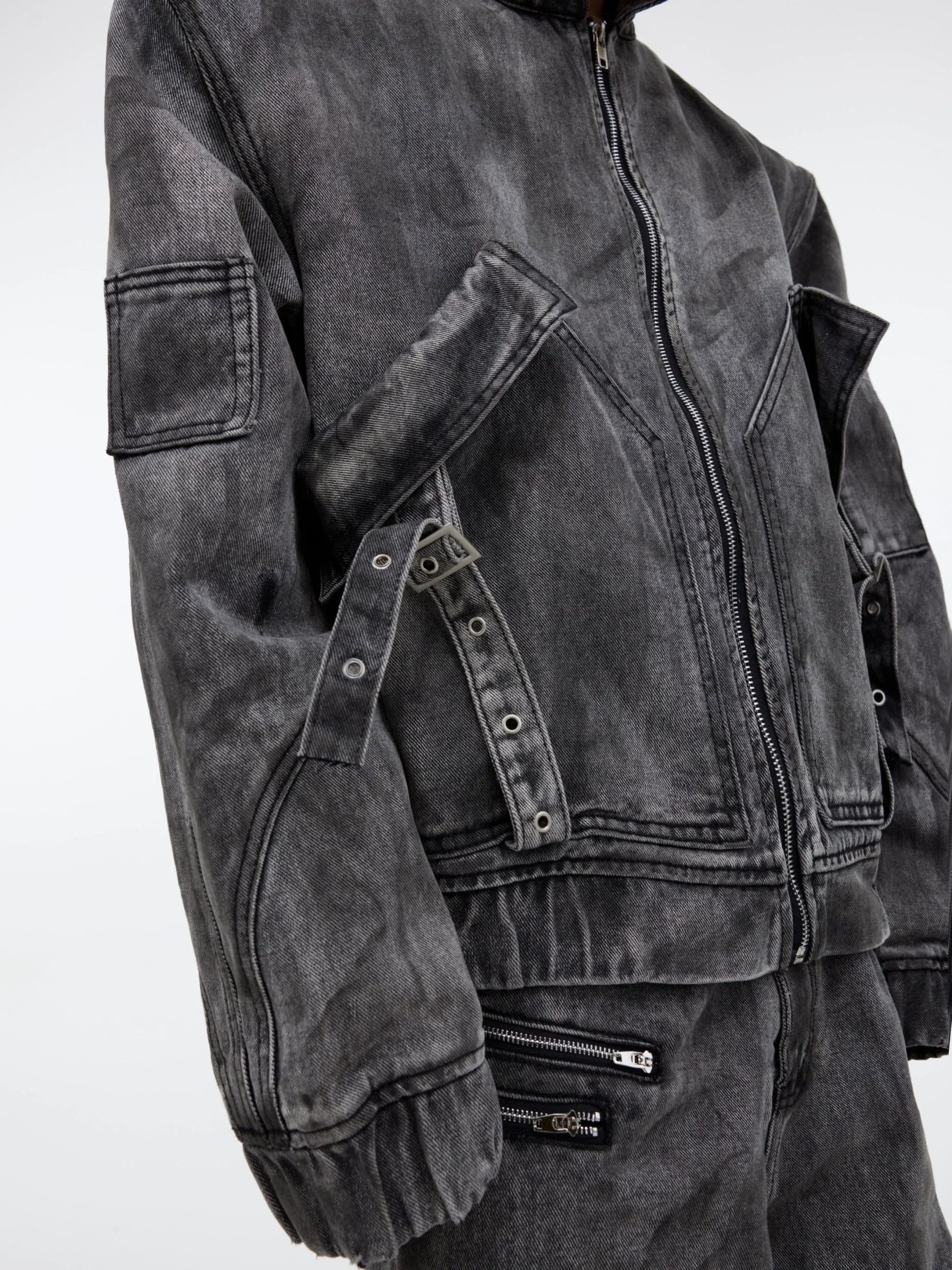 Niche retro old denim suit jacket jacket wasteland heavy zipper big pocket overalls FE0596