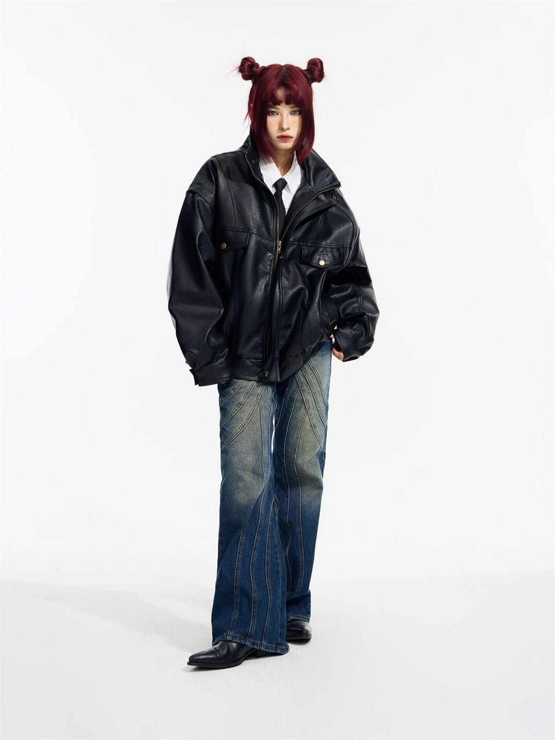 [PeopleStyle] Genderless wear silhouette fashionable leather jacket  FE0622