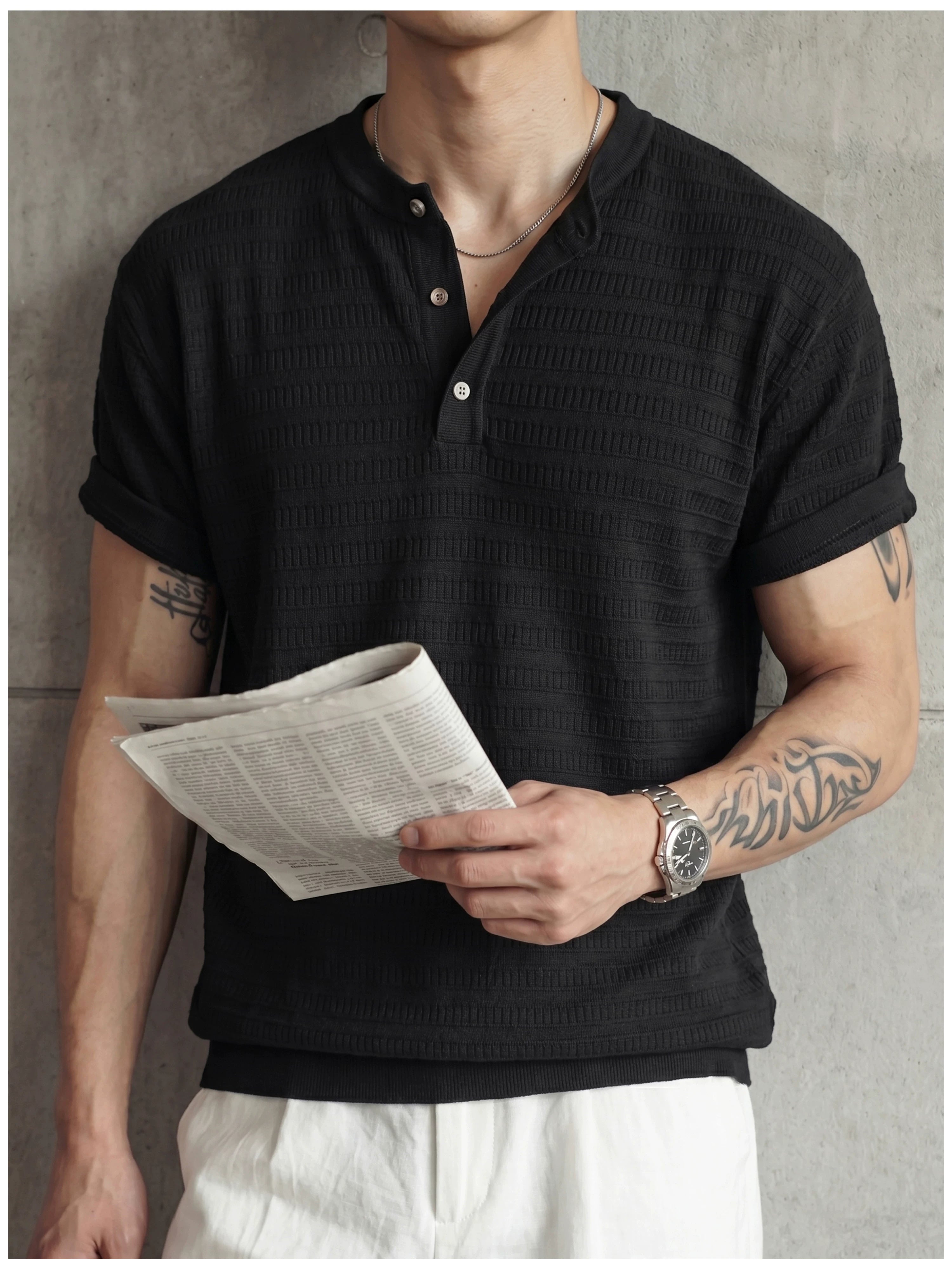 Jacquard horizontal pattern hollow texture knitted short-sleeved T-shirt FE0737