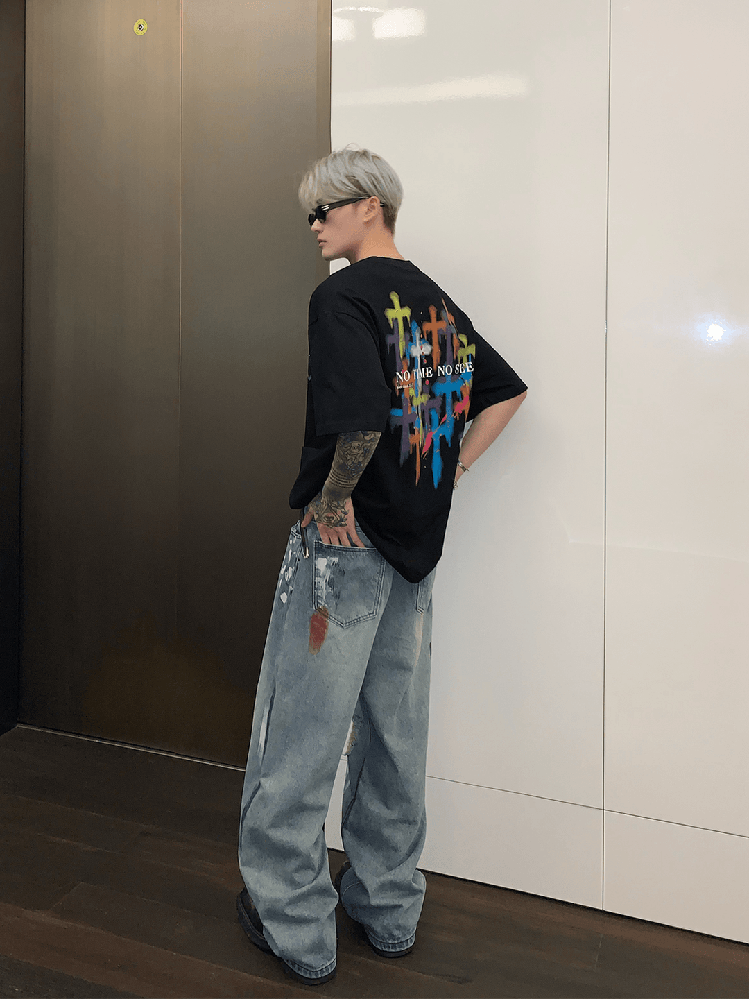 street graffiti contrast color straight jeans   FE0103