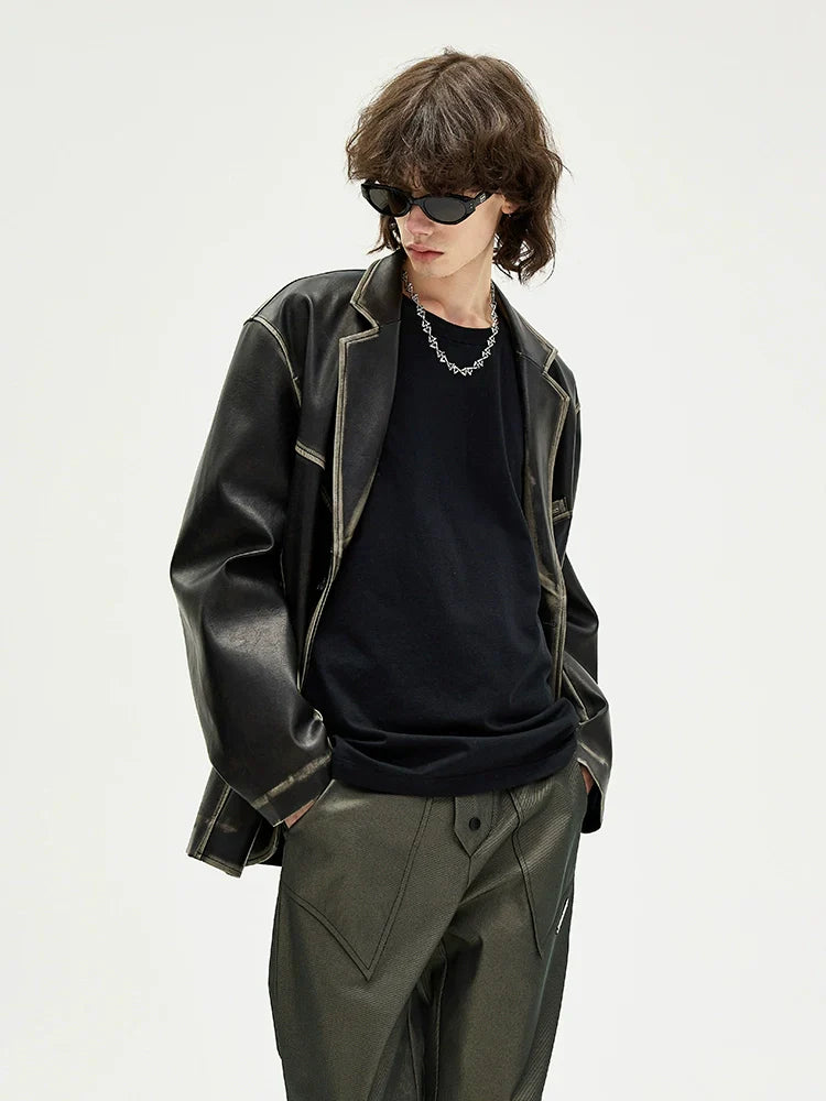 American retro polished leather jacket suit for men and women, black trendy jacket FE0589
