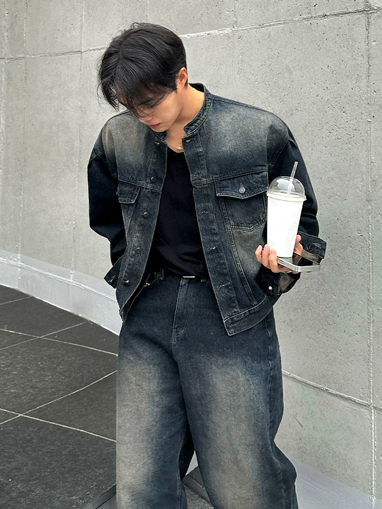 Ruffian handsome retro stand-up collar denim jacket men's spring and autumn loose wide-leg jeans Korean fashion suit FE0581