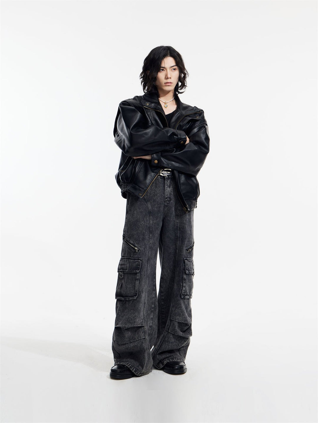 [PeopleStyle] Genderless wear silhouette fashionable leather jacket  FE0622