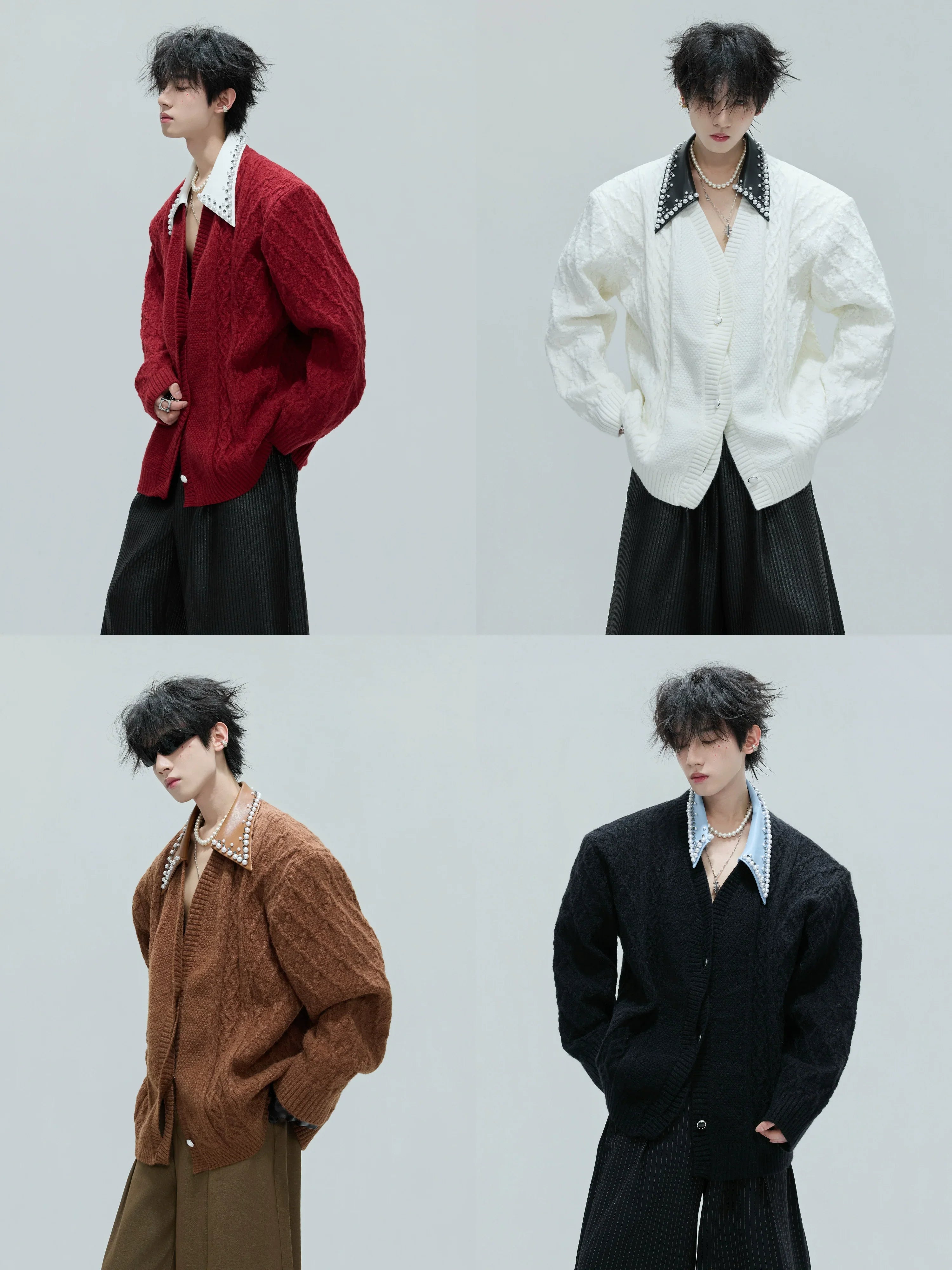 Extravagant fake two-piece sweater retro handmade pearl thickened lapel knitted cardigan FE0641