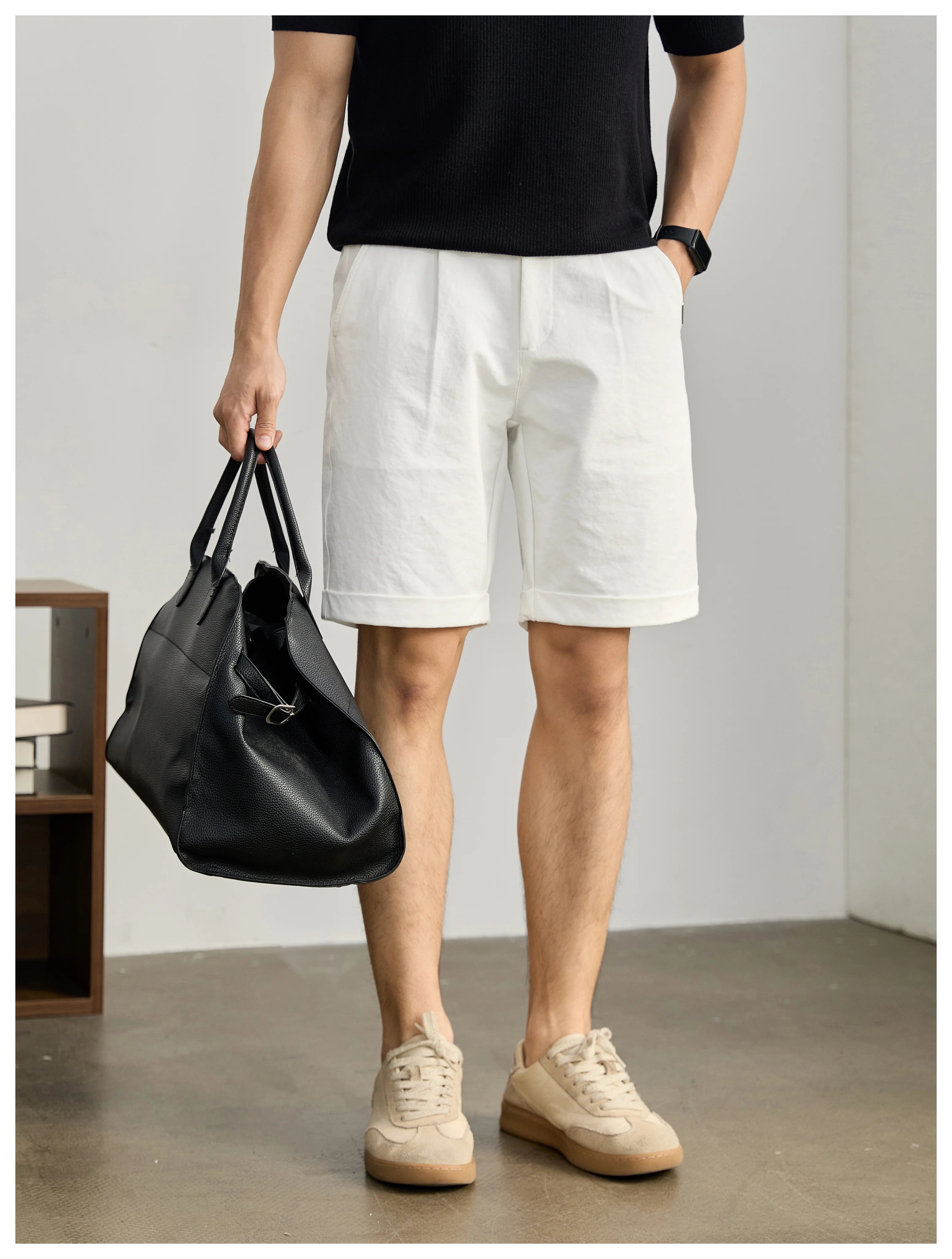 High-end light and mature wind semi-elastic waist pants twill texture pants, curled straight shorts FE0733