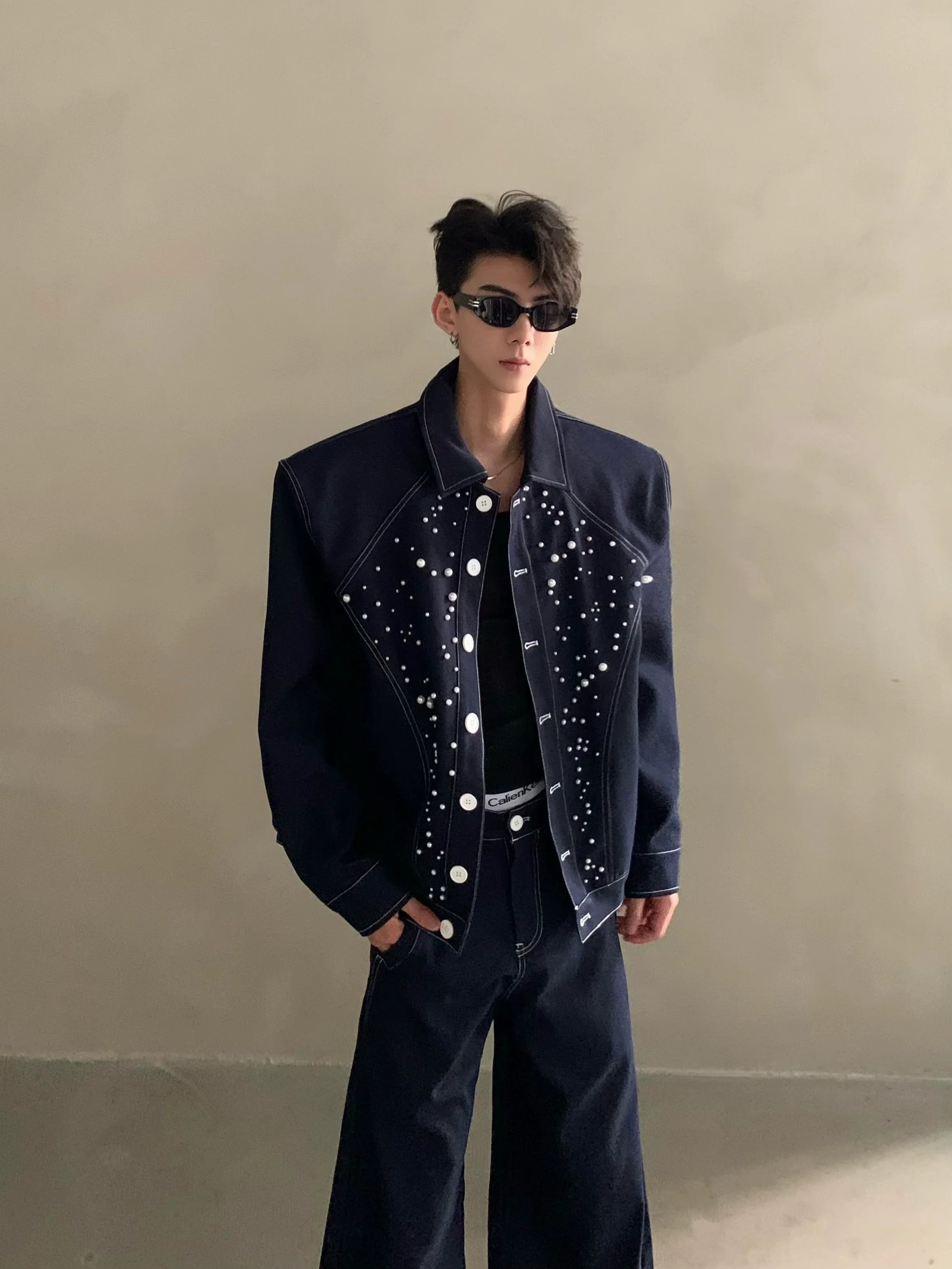 Niche high-end sense light luxury bright diamond pearl design denim jacket men's ruffian handsome fashion suit tide FE0586