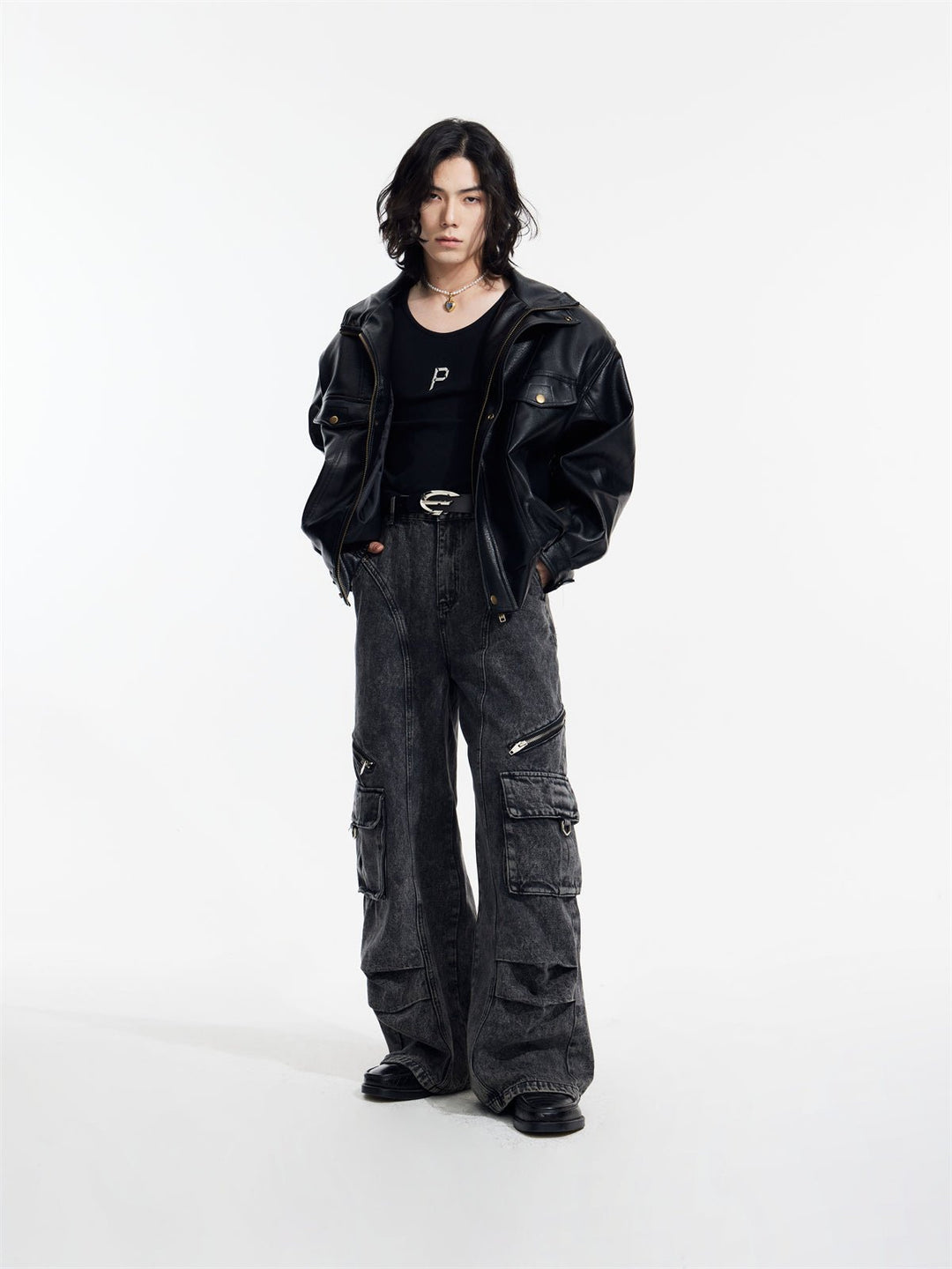 [PeopleStyle] Genderless wear silhouette fashionable leather jacket  FE0622