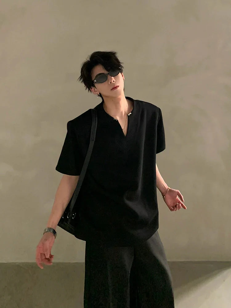 Summer high-end V-neck metal decorative shoulder pads short-sleeved T-shirt male ruffian handsome loose half-sleeved top FE0536
