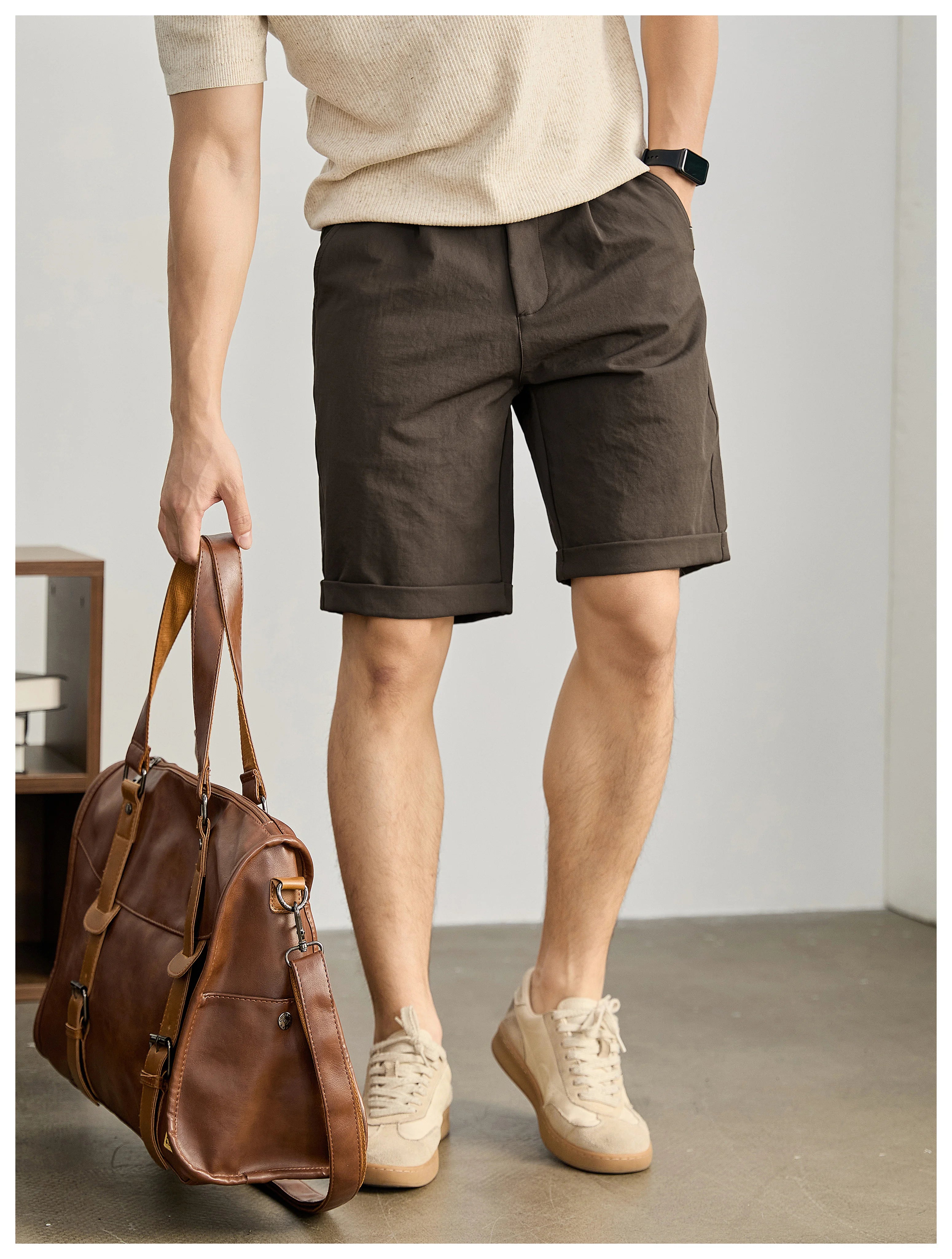 High-end light and mature wind semi-elastic waist pants twill texture pants, curled straight shorts FE0733