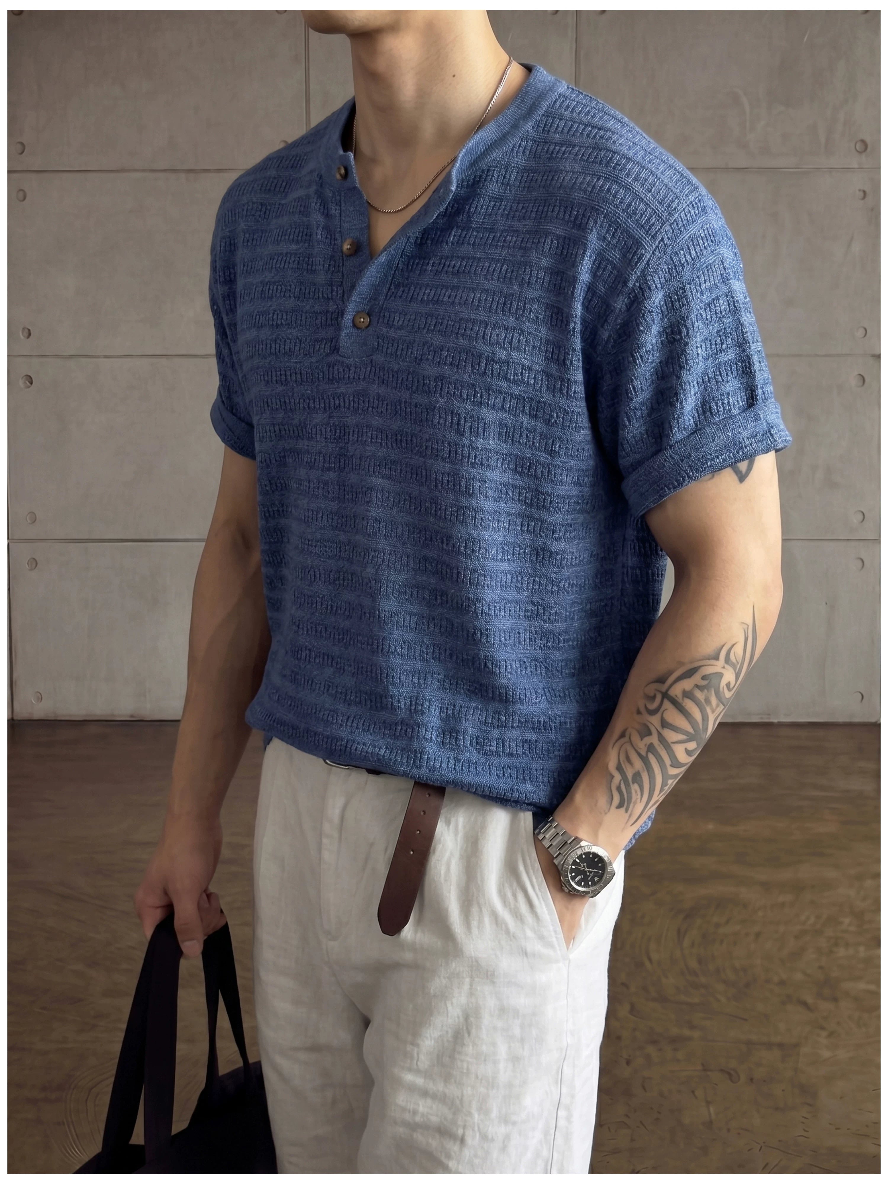 Jacquard horizontal pattern hollow texture knitted short-sleeved T-shirt FE0737