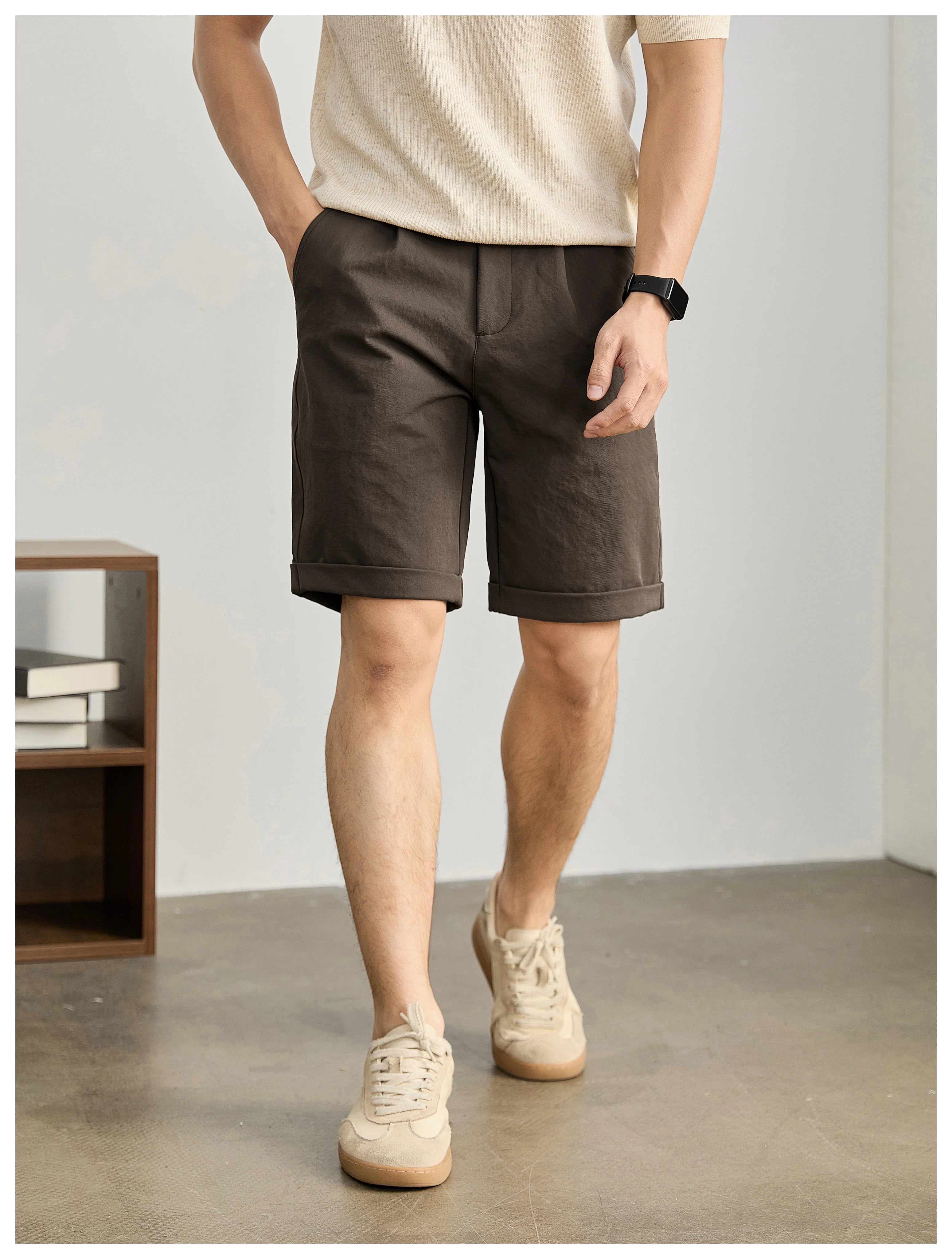 High-end light and mature wind semi-elastic waist pants twill texture pants, curled straight shorts FE0733