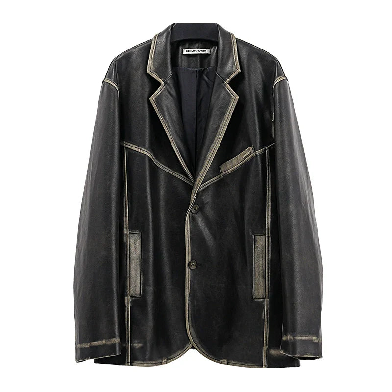 American retro polished leather jacket suit for men and women, black trendy jacket FE0589