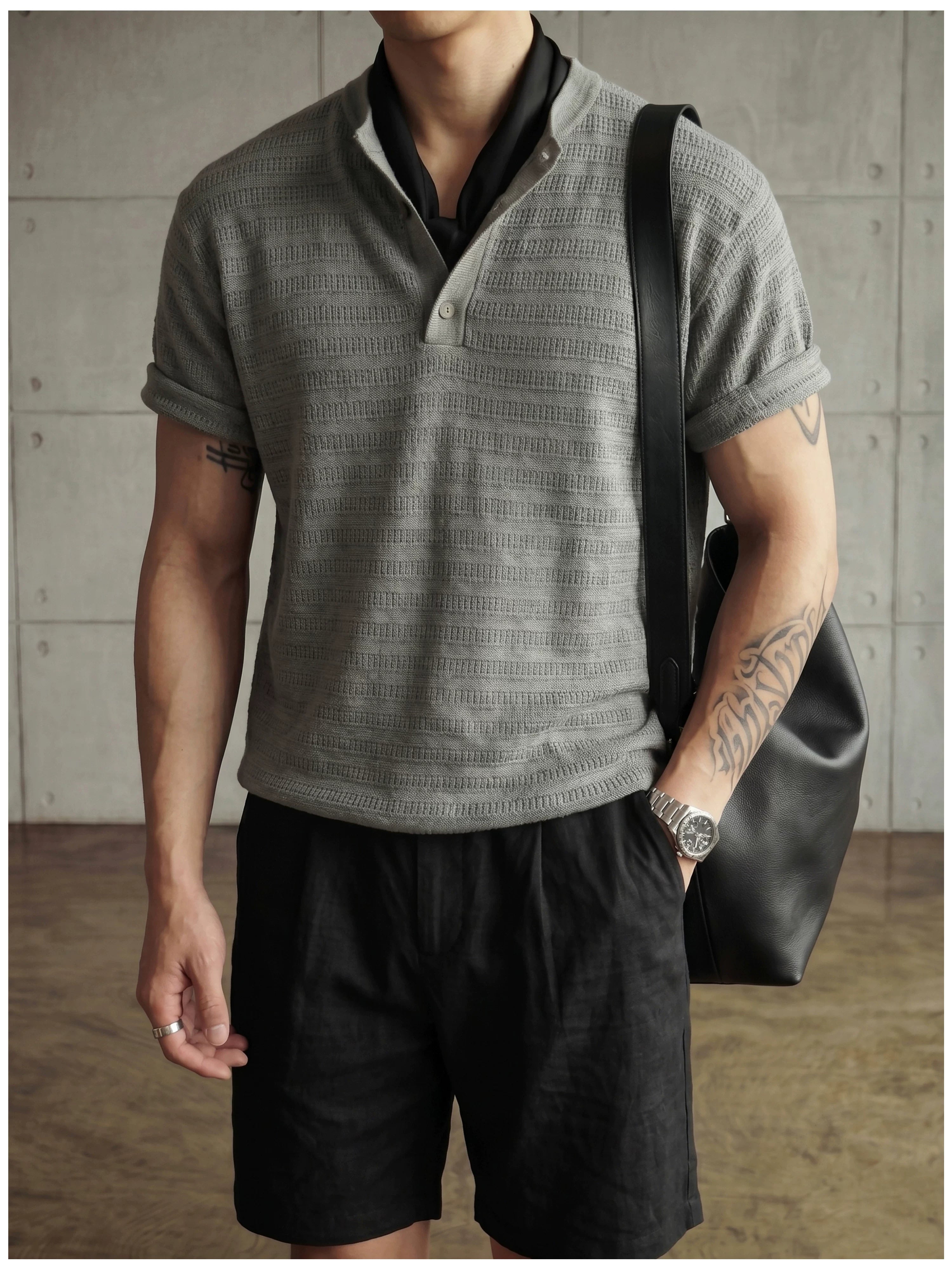 Jacquard horizontal pattern hollow texture knitted short-sleeved T-shirt FE0737