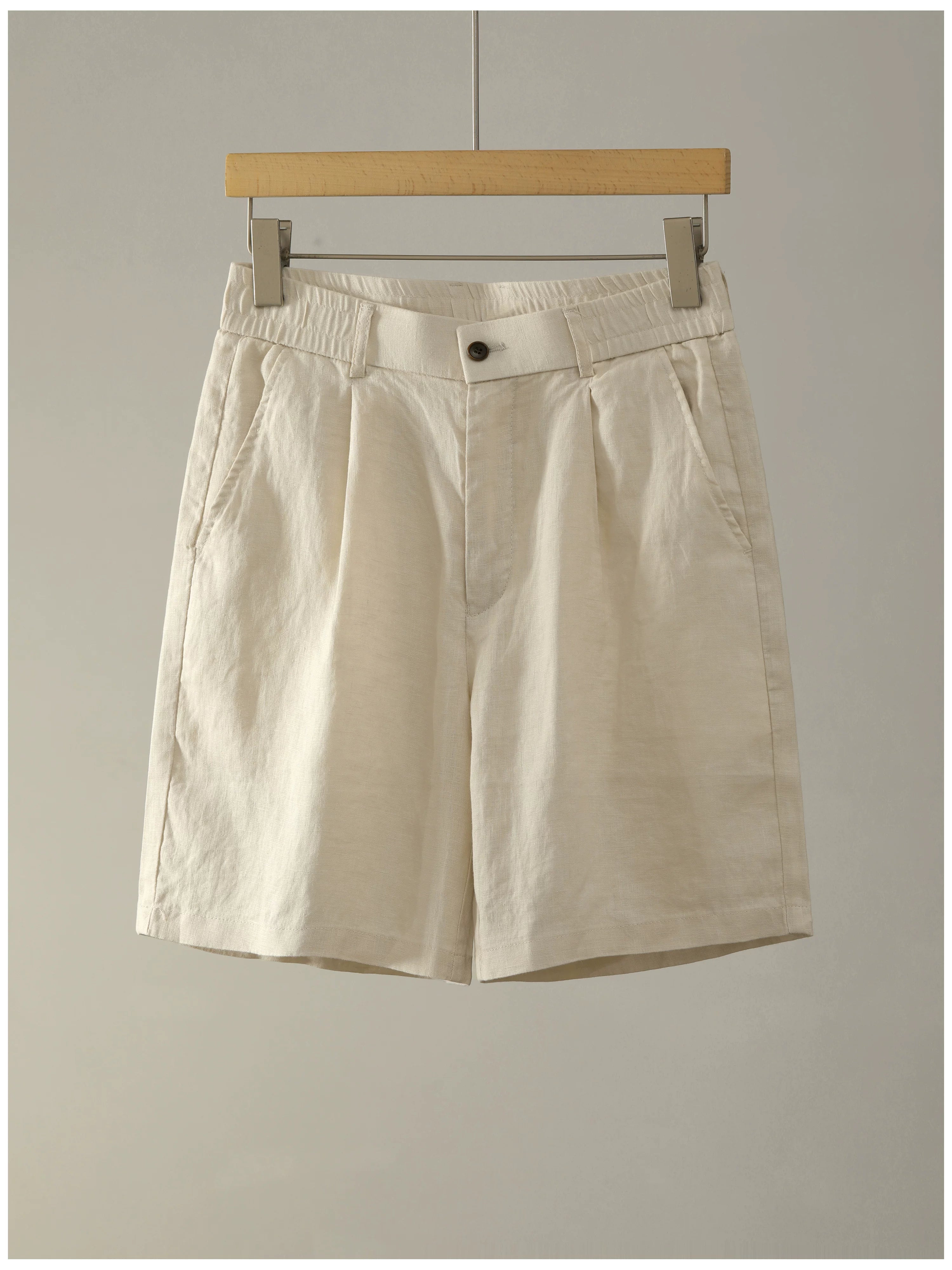 Old Money Drop Straight Double Pleated 100% Pure Linen Shorts FE0729