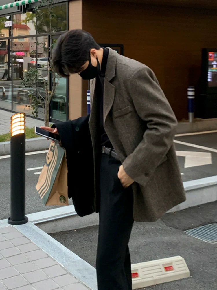 Woolen blazer Men's autumn and winter Korean loose trend thickened high-end small suit top FE0582