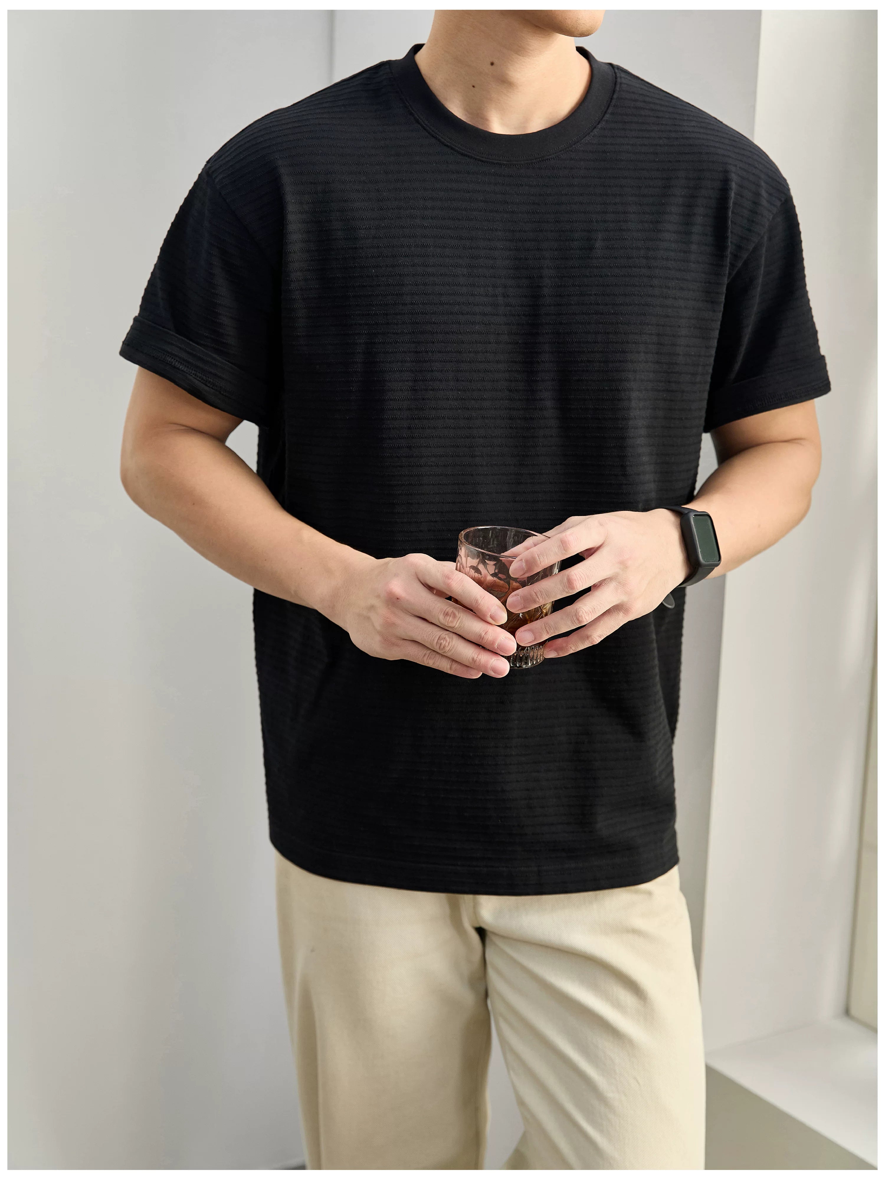 Three-dimensional horizontal jacquard texture solid color T-shirt FE0730