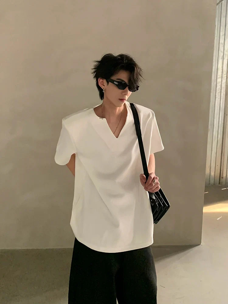 Summer high-end V-neck metal decorative shoulder pads short-sleeved T-shirt male ruffian handsome loose half-sleeved top FE0536