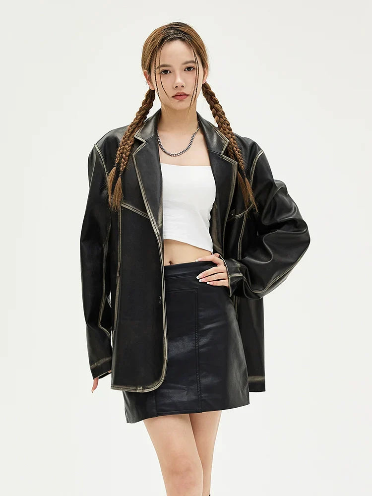 American retro polished leather jacket suit for men and women, black trendy jacket FE0589