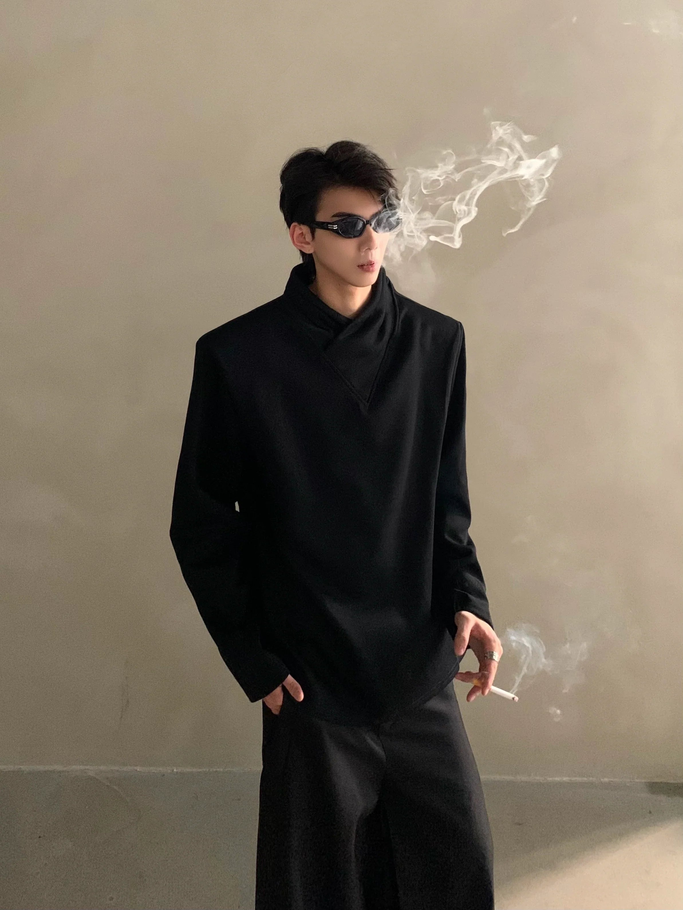 Autumn niche high-end sense stack collar silhouette long-sleeved T-shirt men's loose heavy ruffian handsome top  FE0532