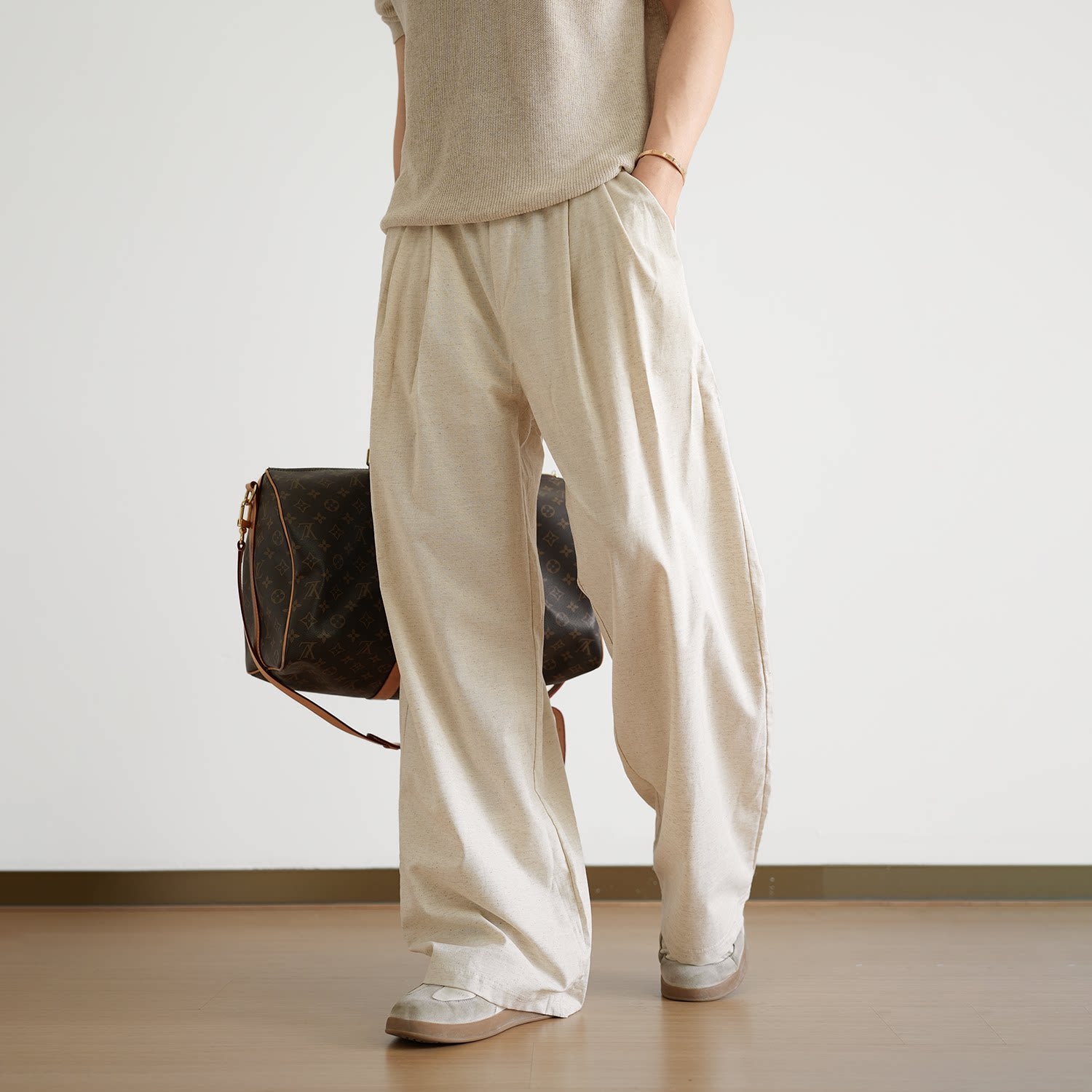 Linen scimitar lazy casual drape thin breathable wide-leg trousers FE0718