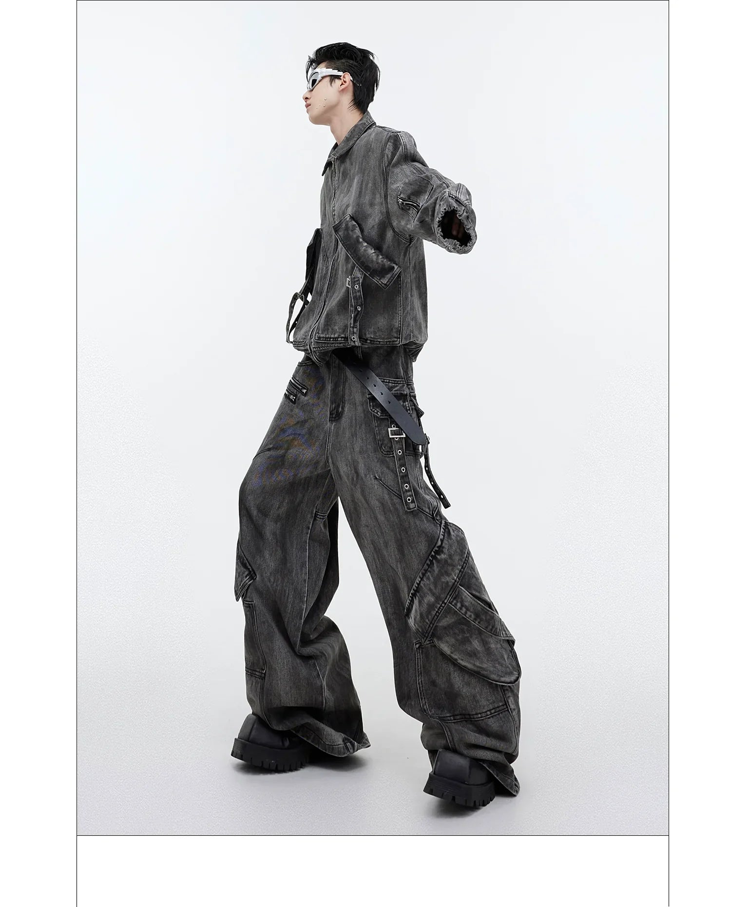 Niche retro old denim suit jacket jacket wasteland heavy zipper big pocket overalls FE0596