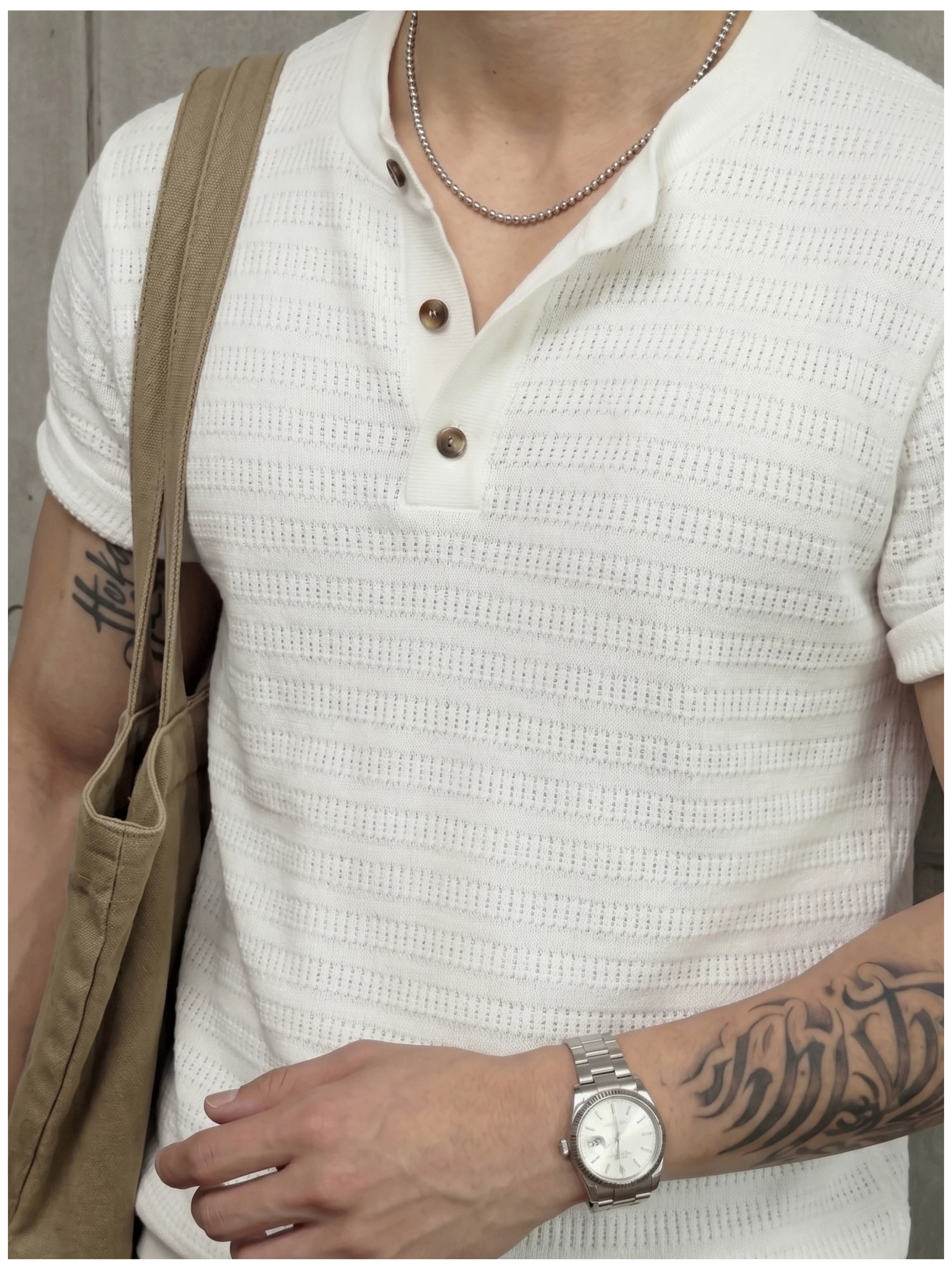 Jacquard horizontal pattern hollow texture knitted short-sleeved T-shirt FE0737