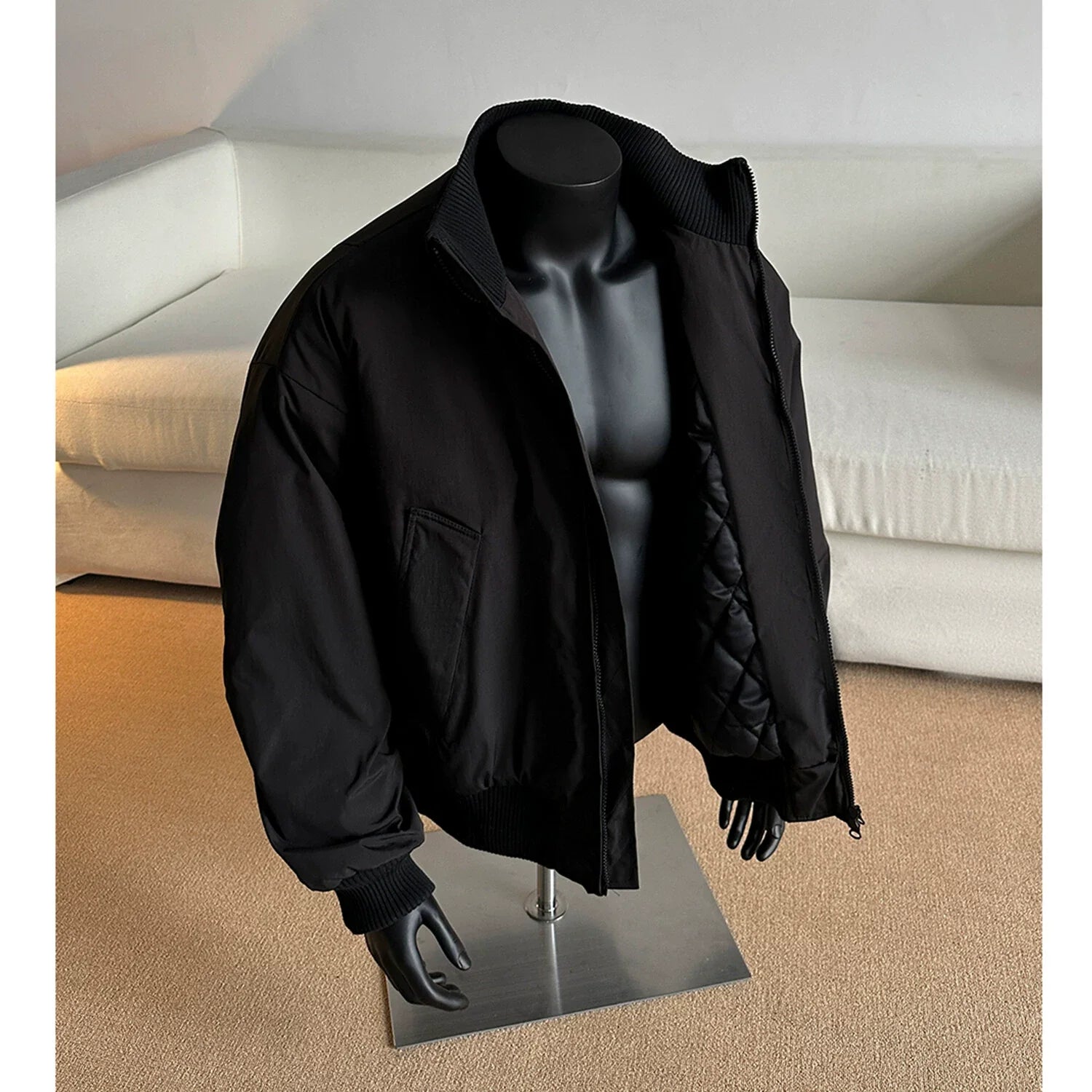 Black short stand-up neck silhouette down jacket FE0683