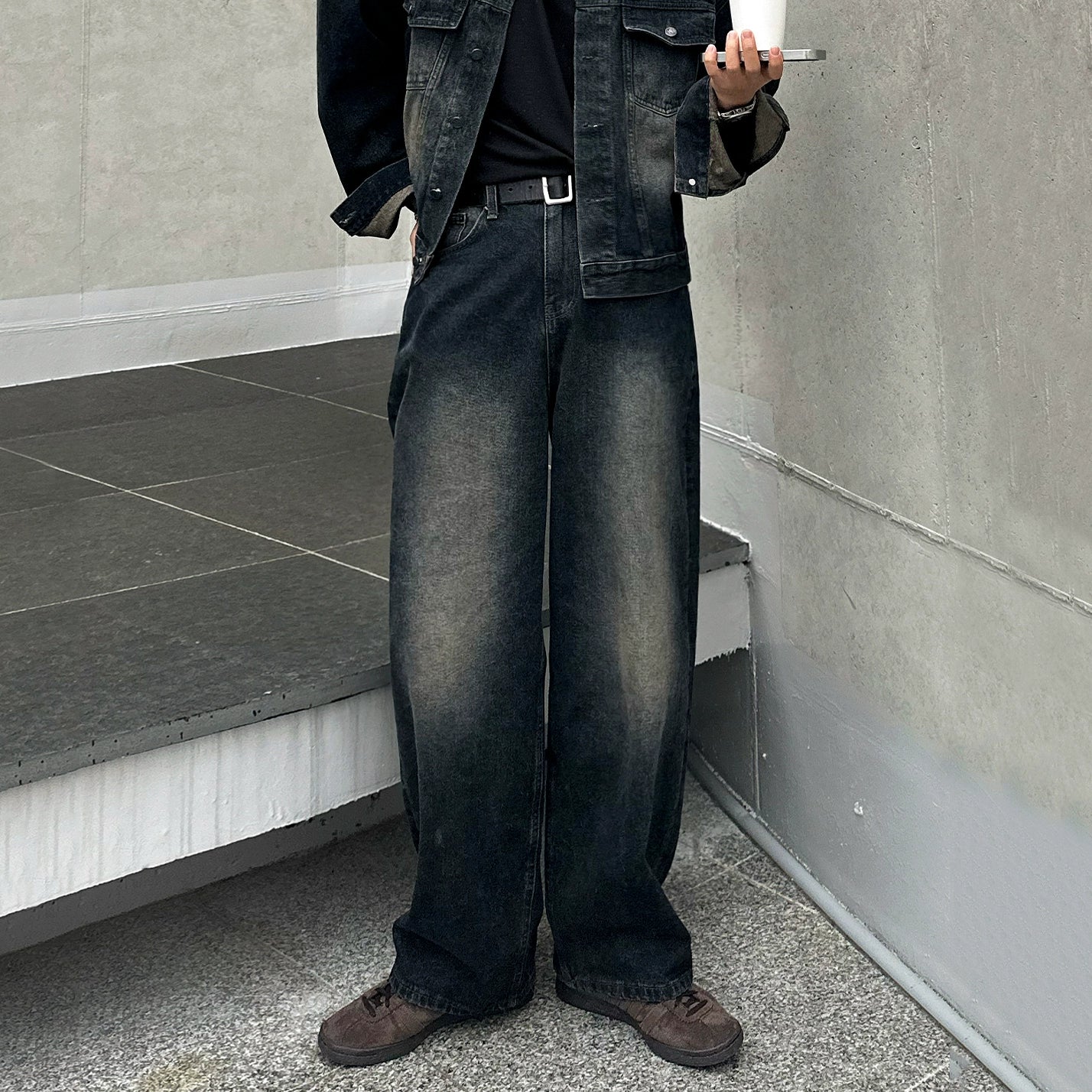 Ruffian handsome retro stand-up collar denim jacket men's spring and autumn loose wide-leg jeans Korean fashion suit FE0581