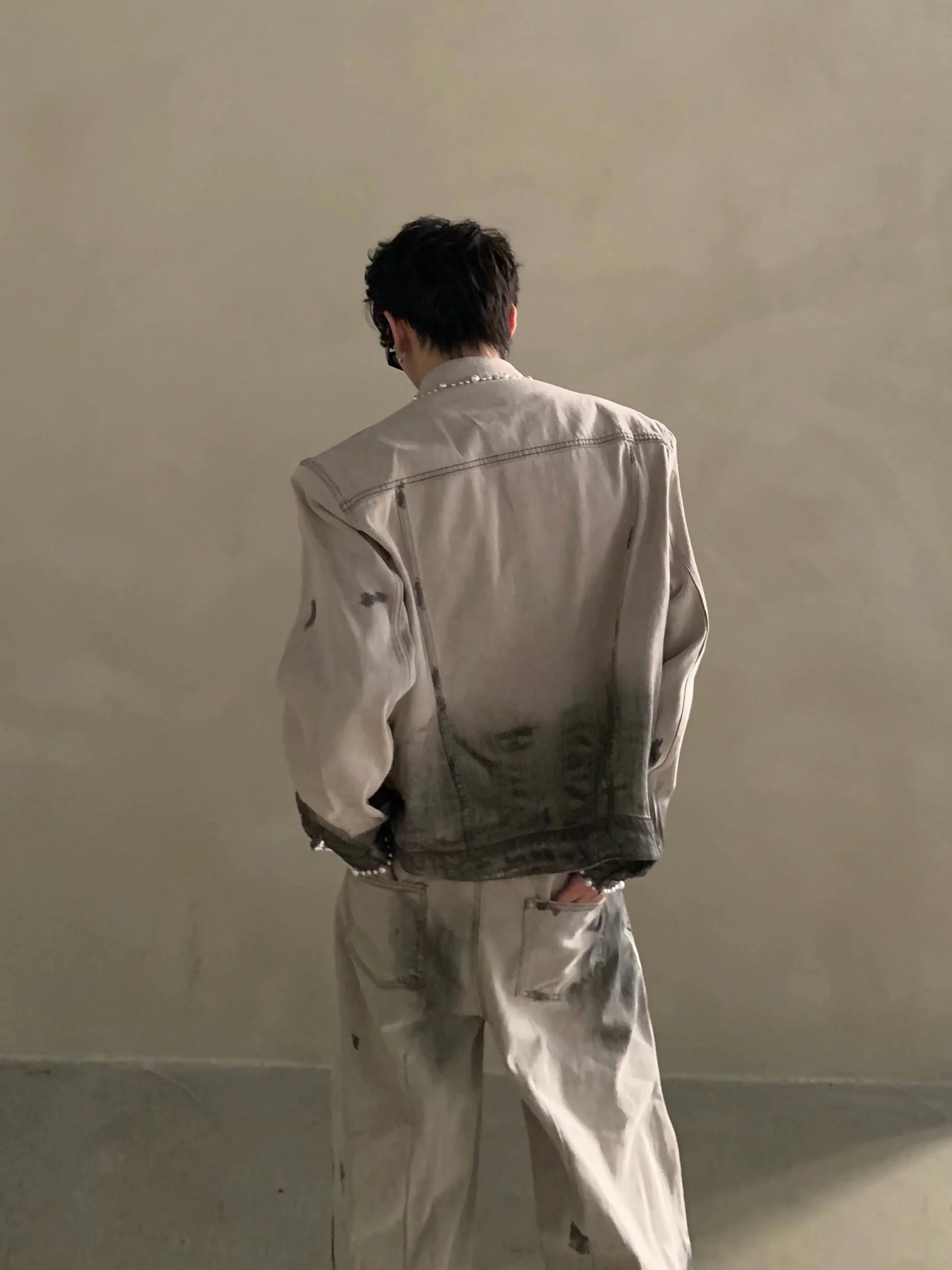 Niche waste soil tie-dye hole design shoulder padded denim jacket men's high-end suit tide FE0587