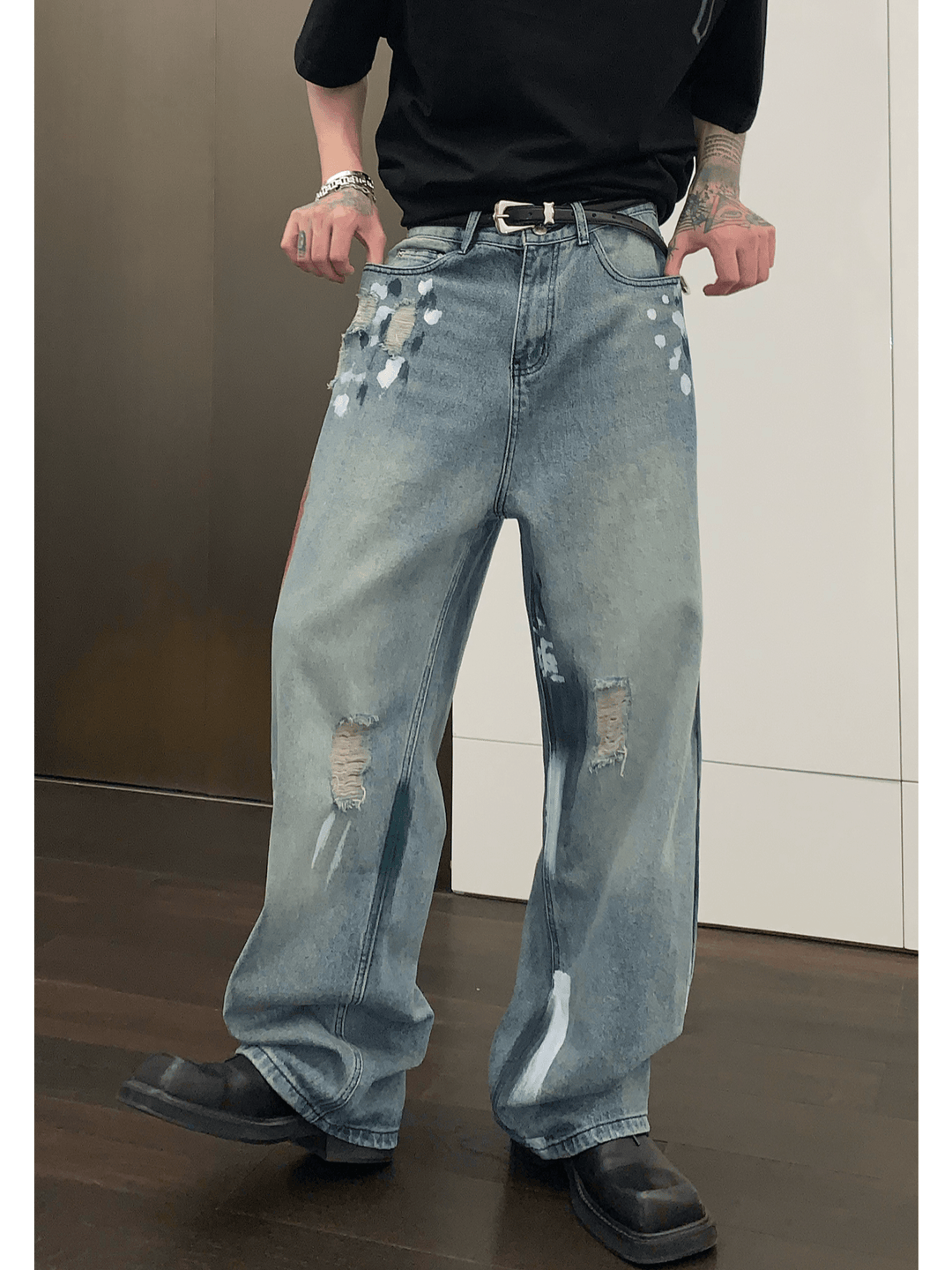 street graffiti contrast color straight jeans   FE0103