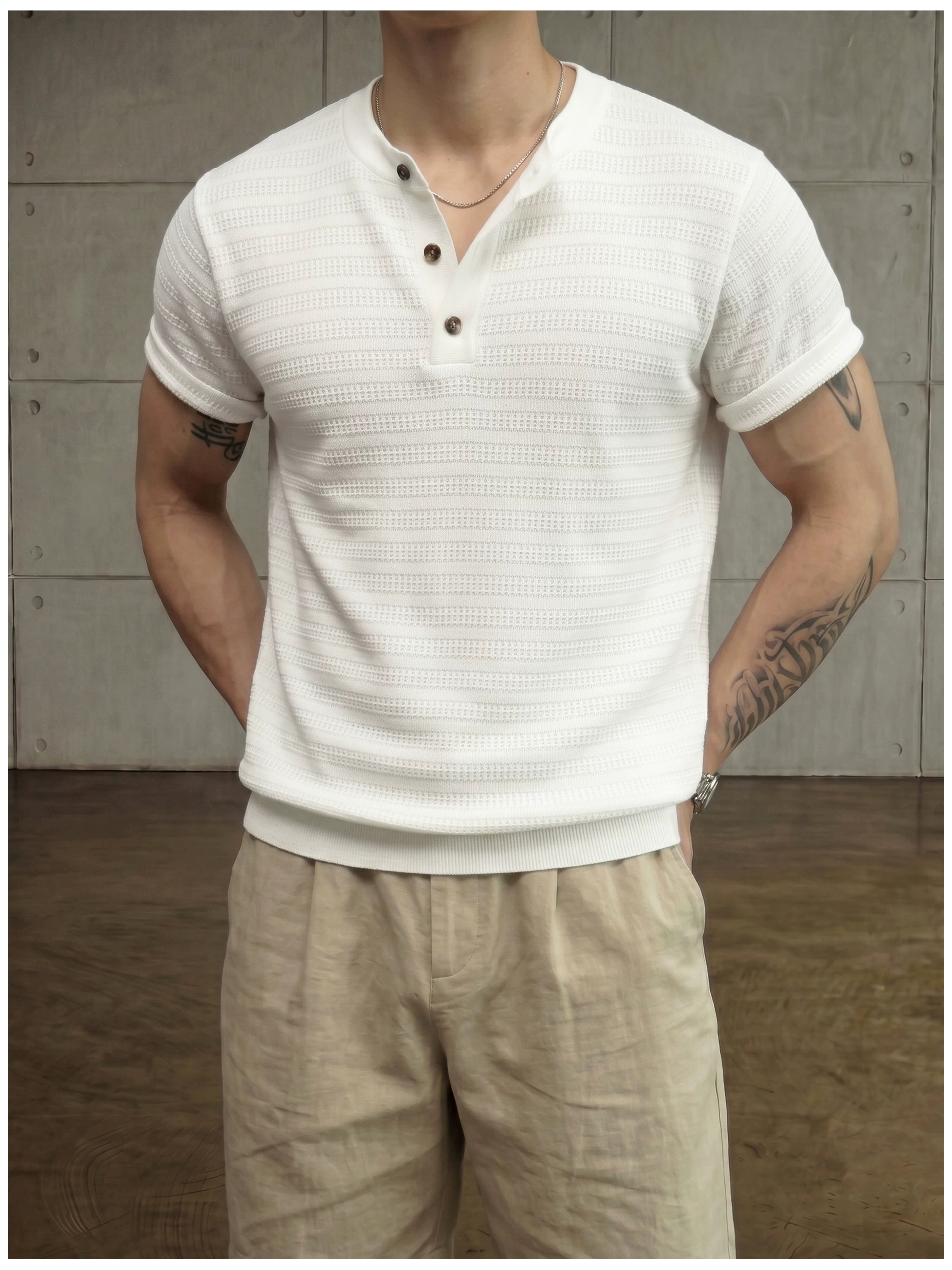Jacquard horizontal pattern hollow texture knitted short-sleeved T-shirt FE0737