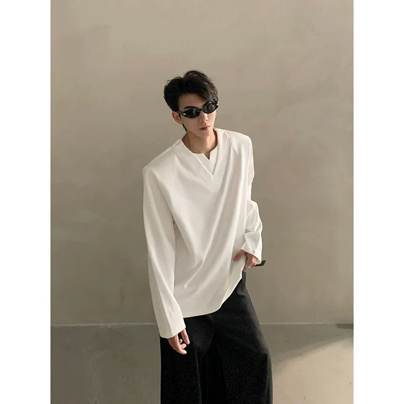 Autumn high-end sense niche design sense V-neck shoulder pads long-sleeved T-shirt men's versatile loose tide  FE0535