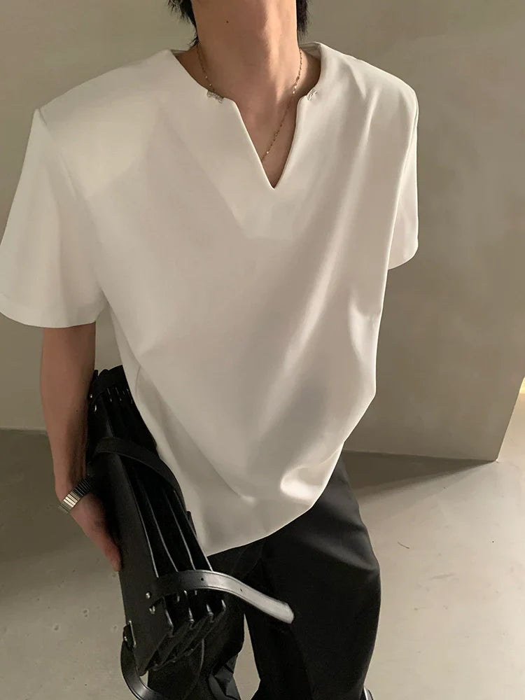 Summer high-end V-neck metal decorative shoulder pads short-sleeved T-shirt male ruffian handsome loose half-sleeved top FE0536