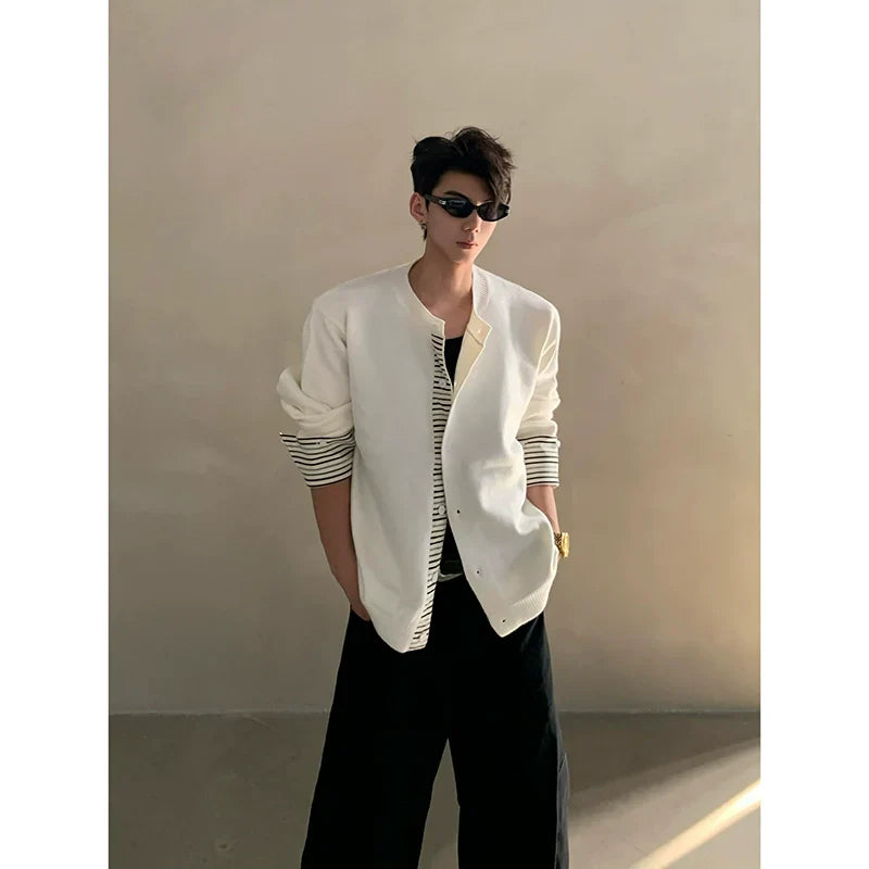 Autumn and winter layered fake two-piece striped splicing knitted sweater men's high-end cardigan jacket tide  FE0637